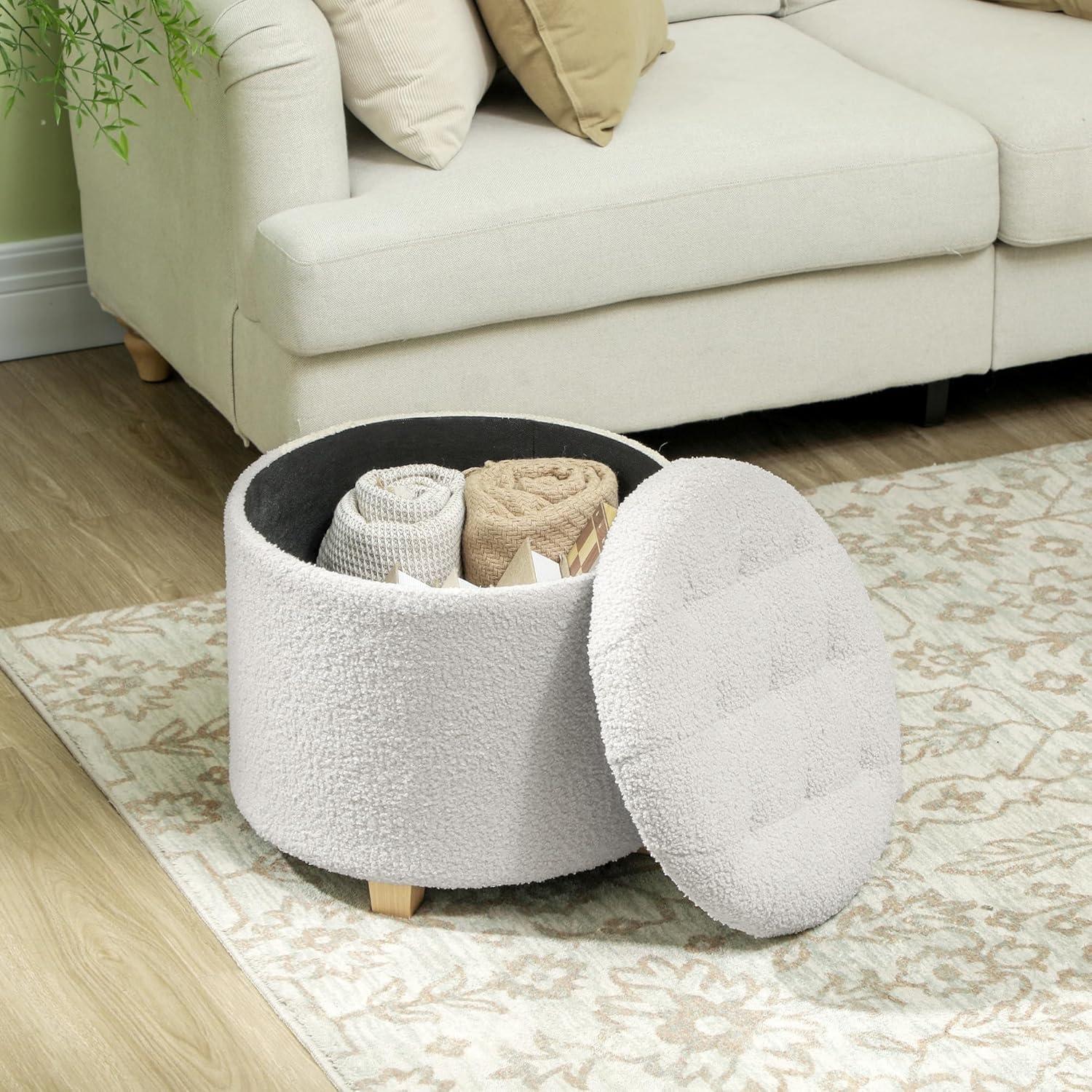 HOMCOM 18" Round Ottoman with Storage, Teddy Fleece Button Tufted Bedroom Stool with Removable Lid and Wood Legs for Living Room, Hallway, White