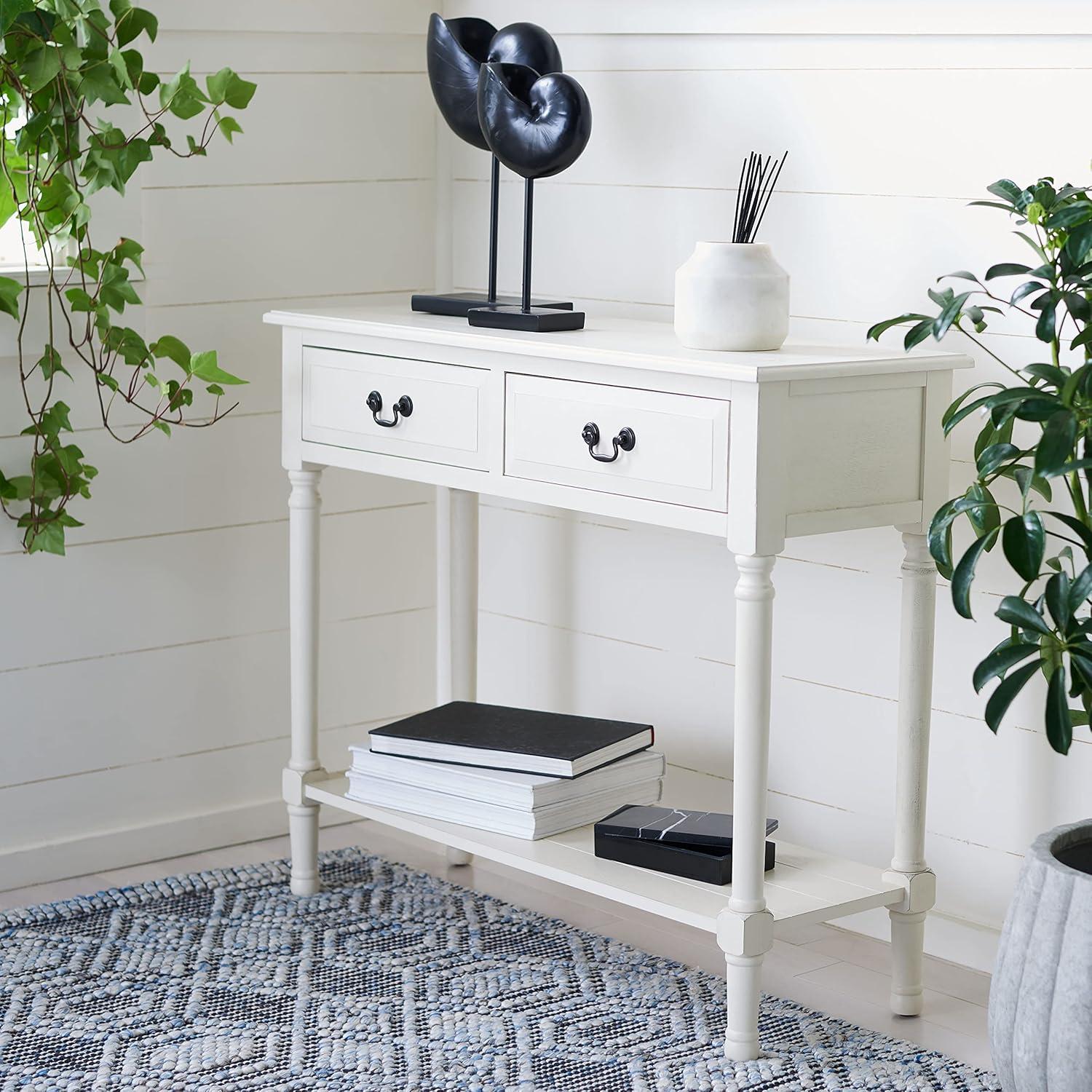 Distressed White Wood & Metal Console Table with Dual Drawers