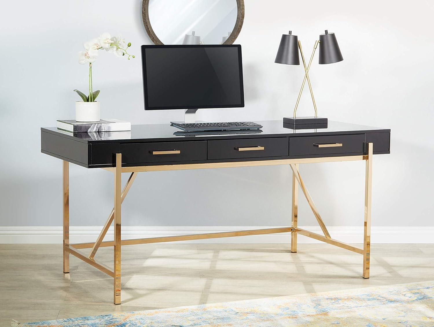 Broadway Desk with Black Gloss Finish and Gold Frame