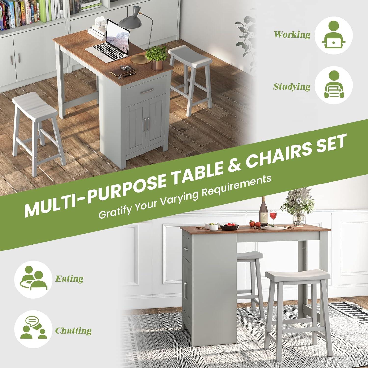 Costway 3 Pieces Bar Table Set Pub Dining Table with Saddle Stools & Storage Cabinet Grey