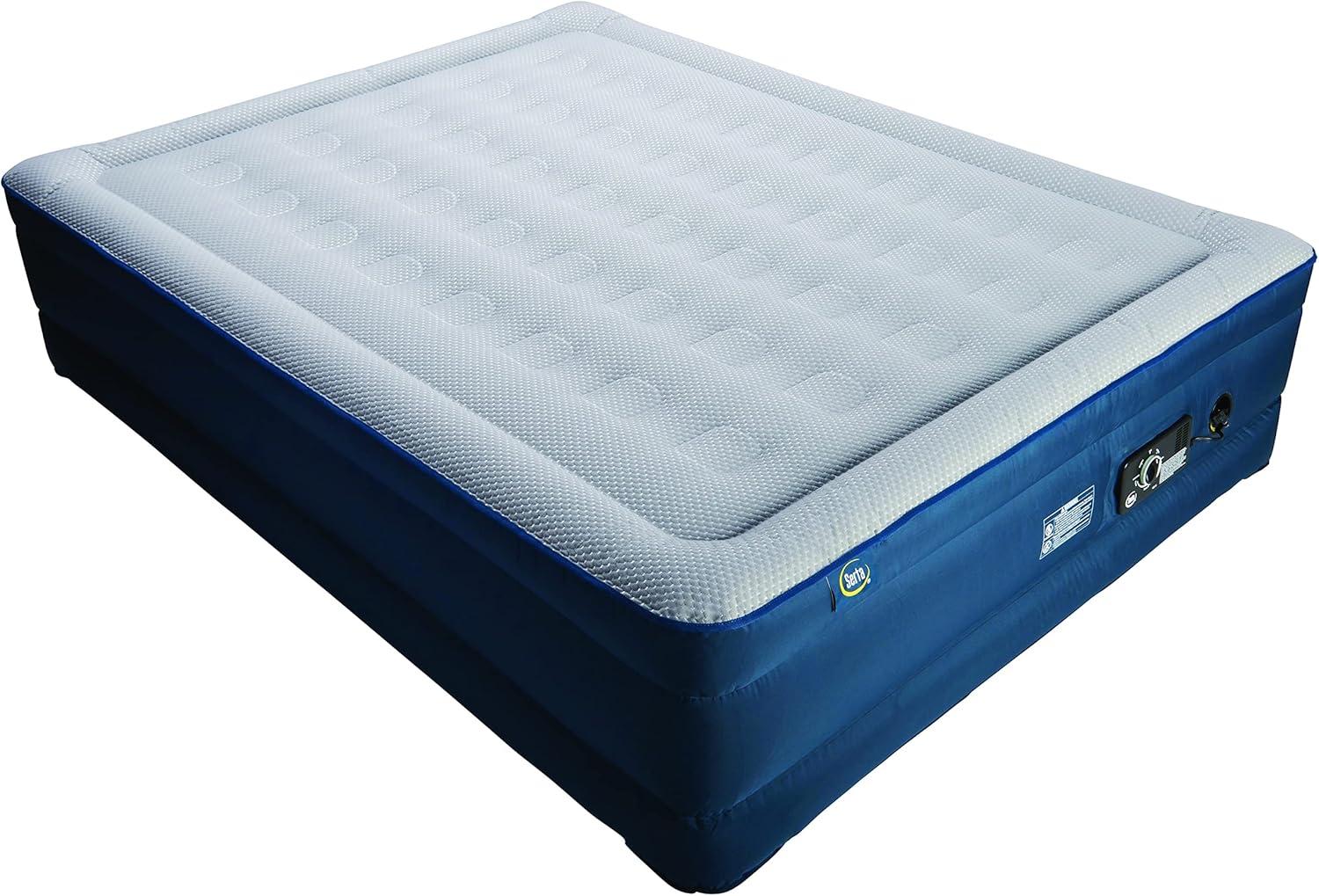 Queen Blue and Gray Raised Air Mattress with Built-in Pump