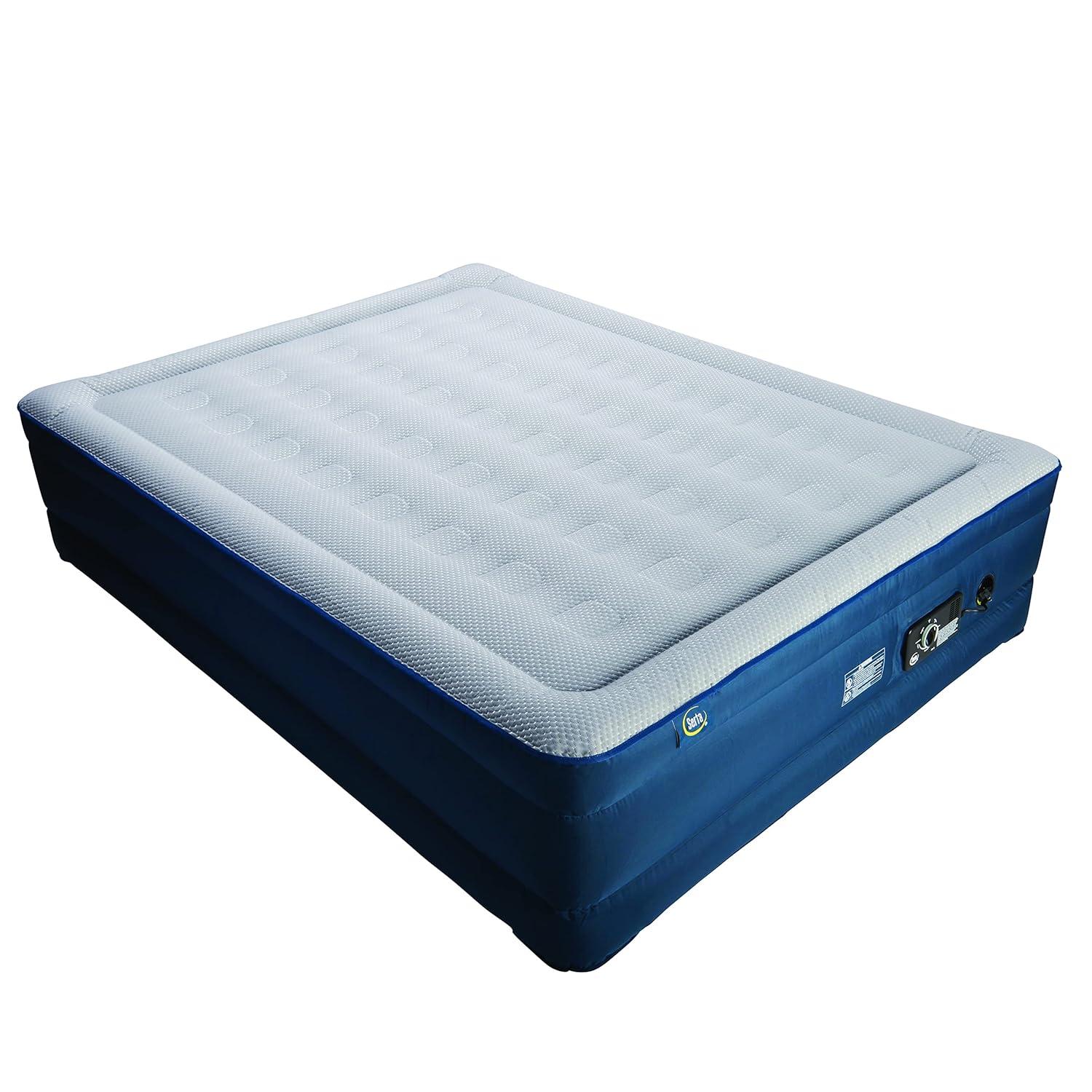 Queen Blue and Gray Raised Air Mattress with Built-in Pump