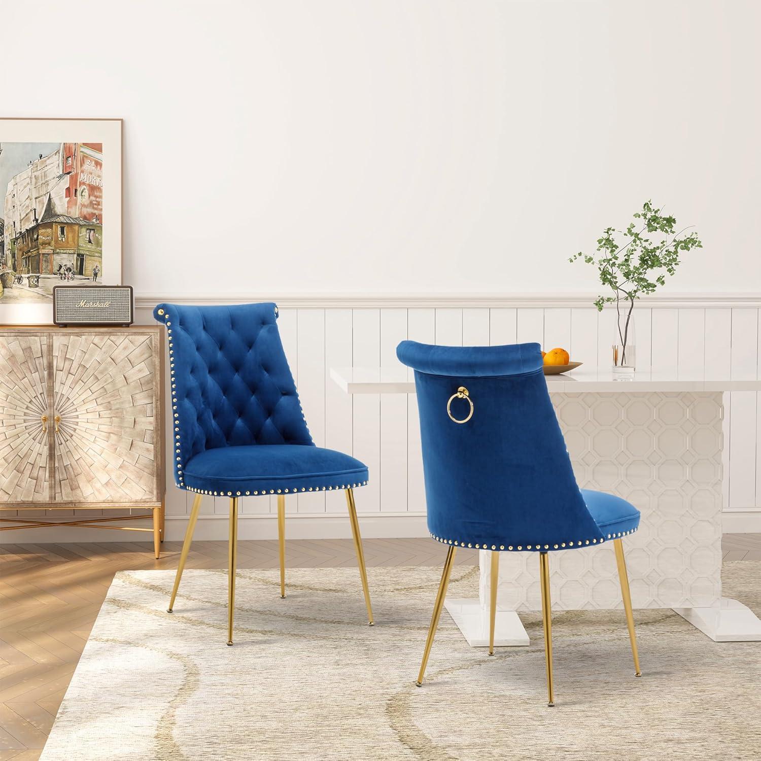 Velvet Upholstered Dining Chairs, Set of 2, Dining Room Tufted Chair, Modern Button Tufted Armless Chairs with Nailhead Trim and Back Ring Pull, Gold Legs, for Dining Room, Kitchen, Navy