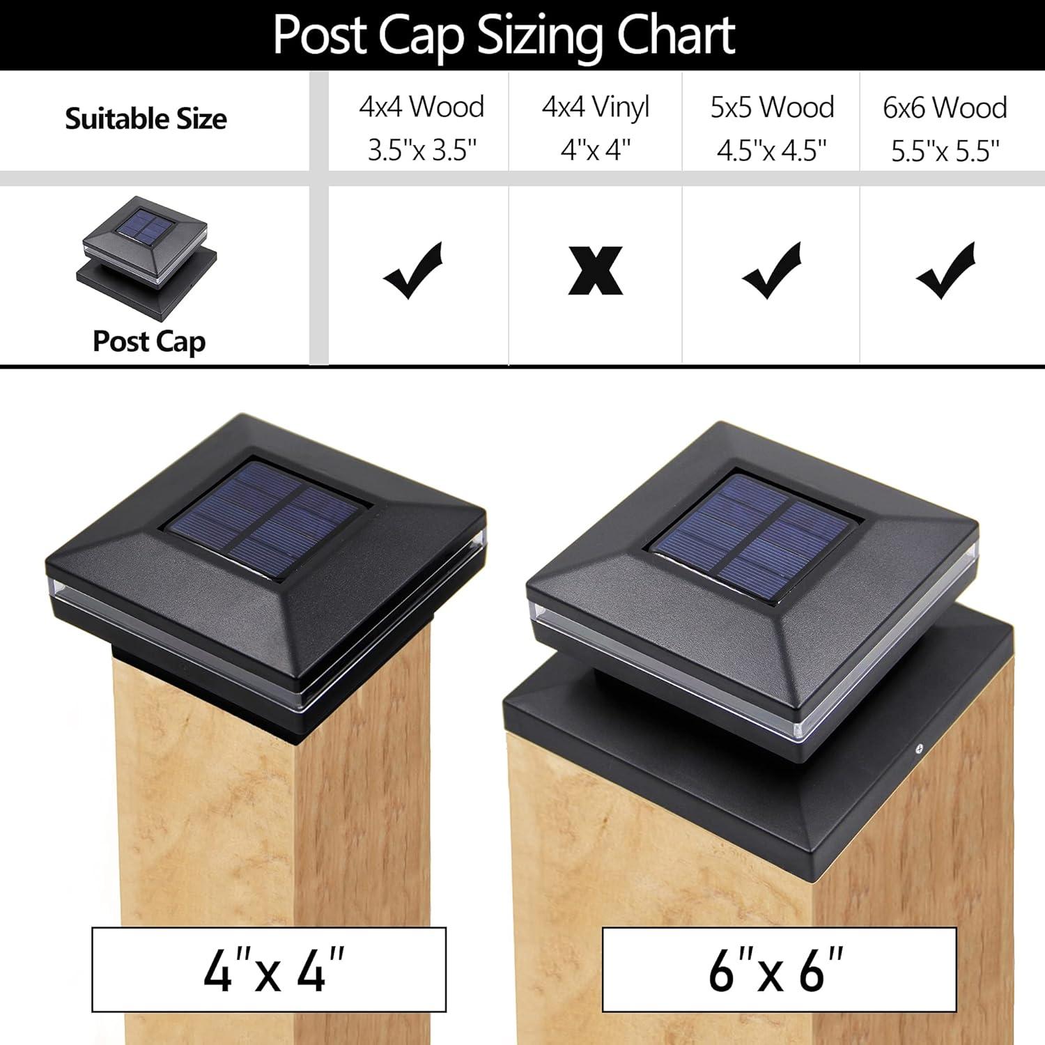 Black Solar LED Post Cap Lights for 4x4, 5x5, 6x6 Wooden Posts, 6 Pack