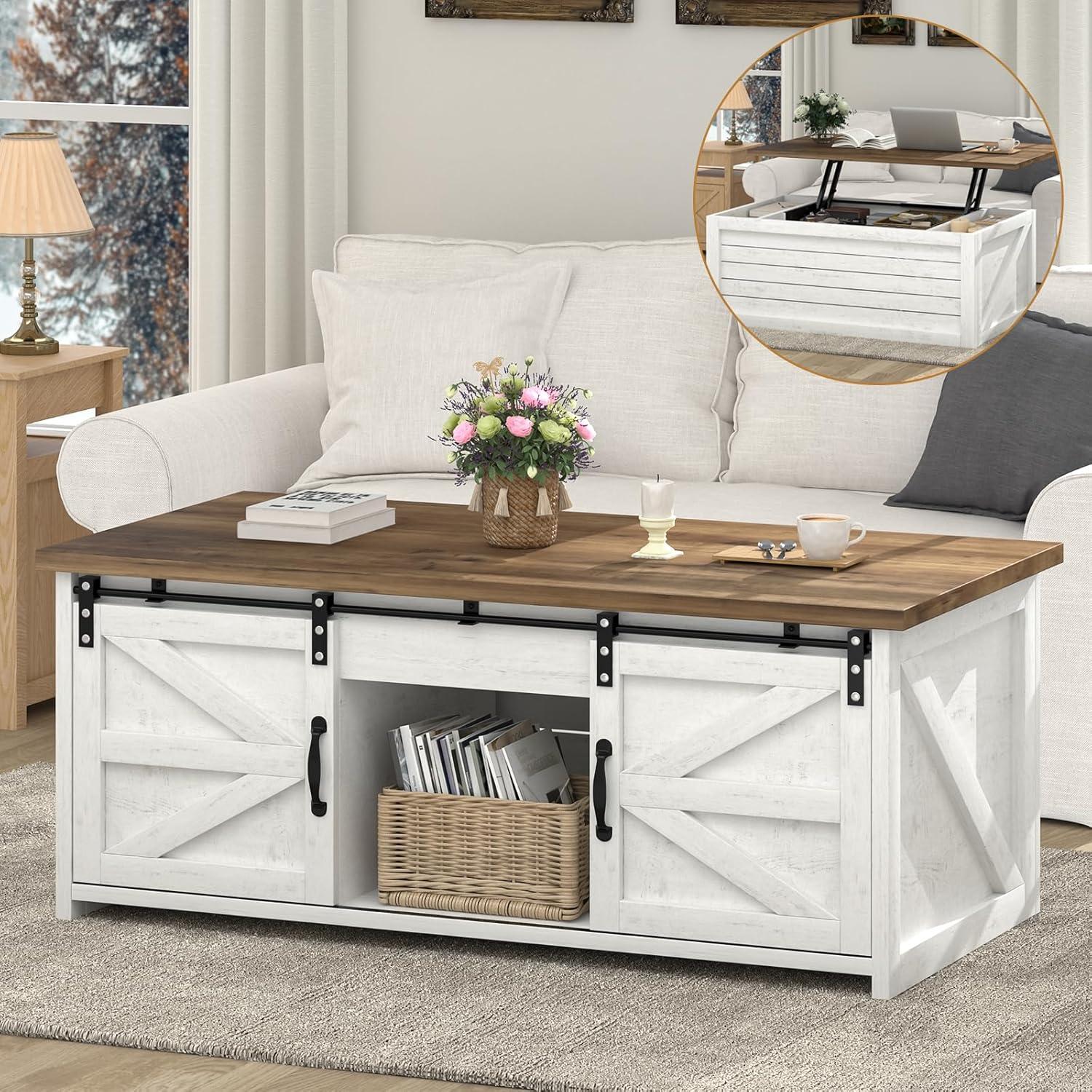 47.3" Lift Top Coffee Table, Farmhouse Coffee Table for Living Room, White Lift Top Coffee Table with Large Hidden Storage Compartment and Sliding Barn Doors, White