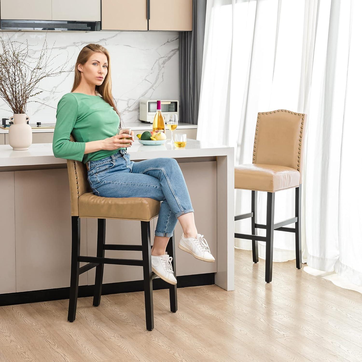 Set of 2 Upholstered PU Barstools with Studded Decor - Glitzhome