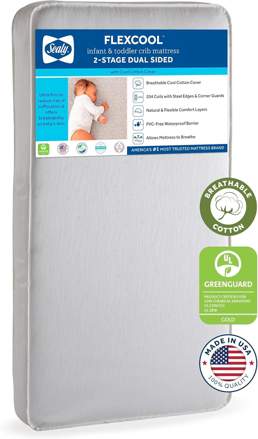 Sealy Baby FlexCool Breathable Hypoallergenic 2-Stage Waterproof Baby Crib Mattress & Toddler Bed Mattress, GREENGUARD Gold Certified, 52" x 28"