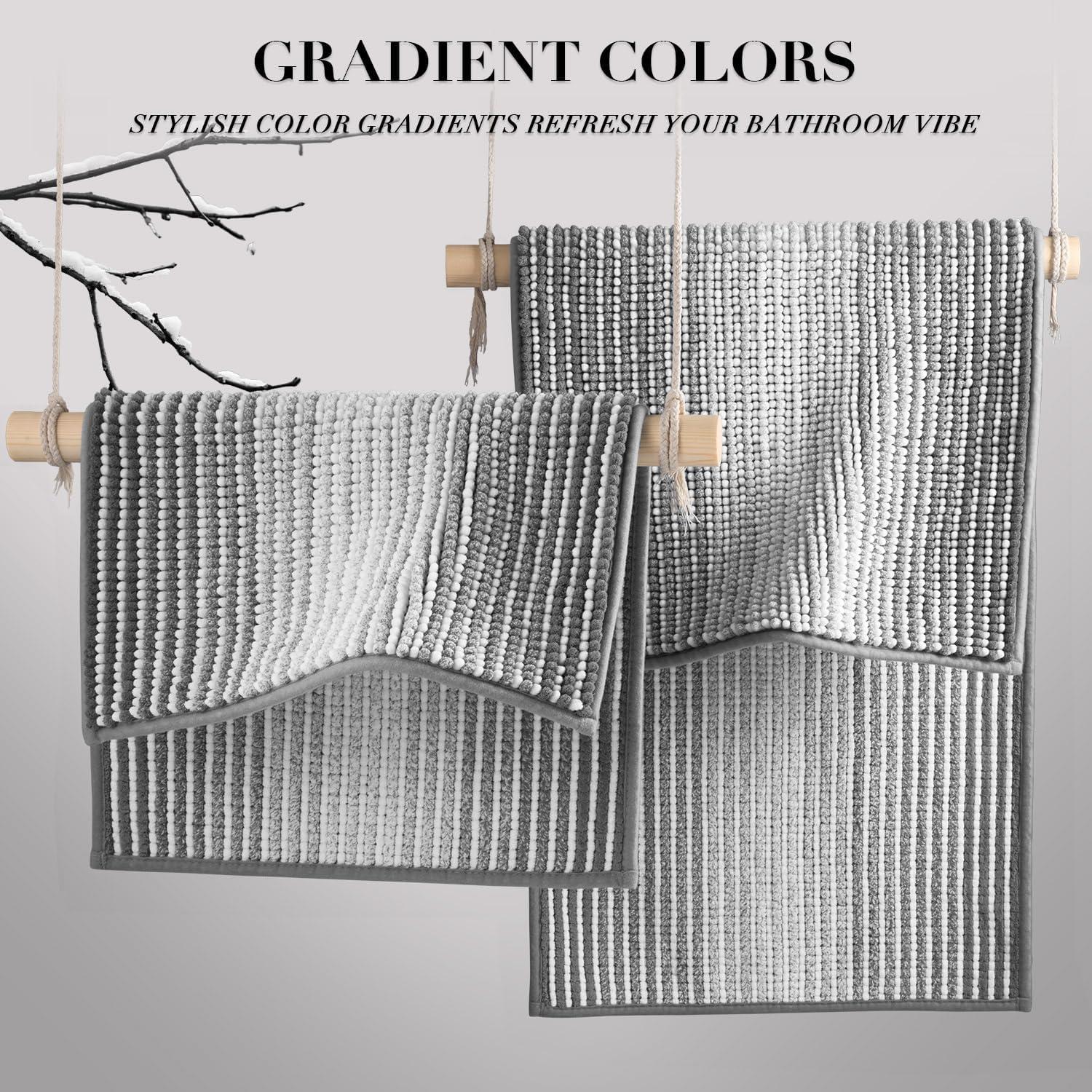 BSICPRO Bathroom Rugs and Mats Sets, 2 Piece Thick Absorbent Chenille Bath Mat Rug Set Non Slip, Soft Shaggy Bath Room Floor Mats for Bathroom, Machine Washable (20" x 47" Plus 16" x 24", Black)