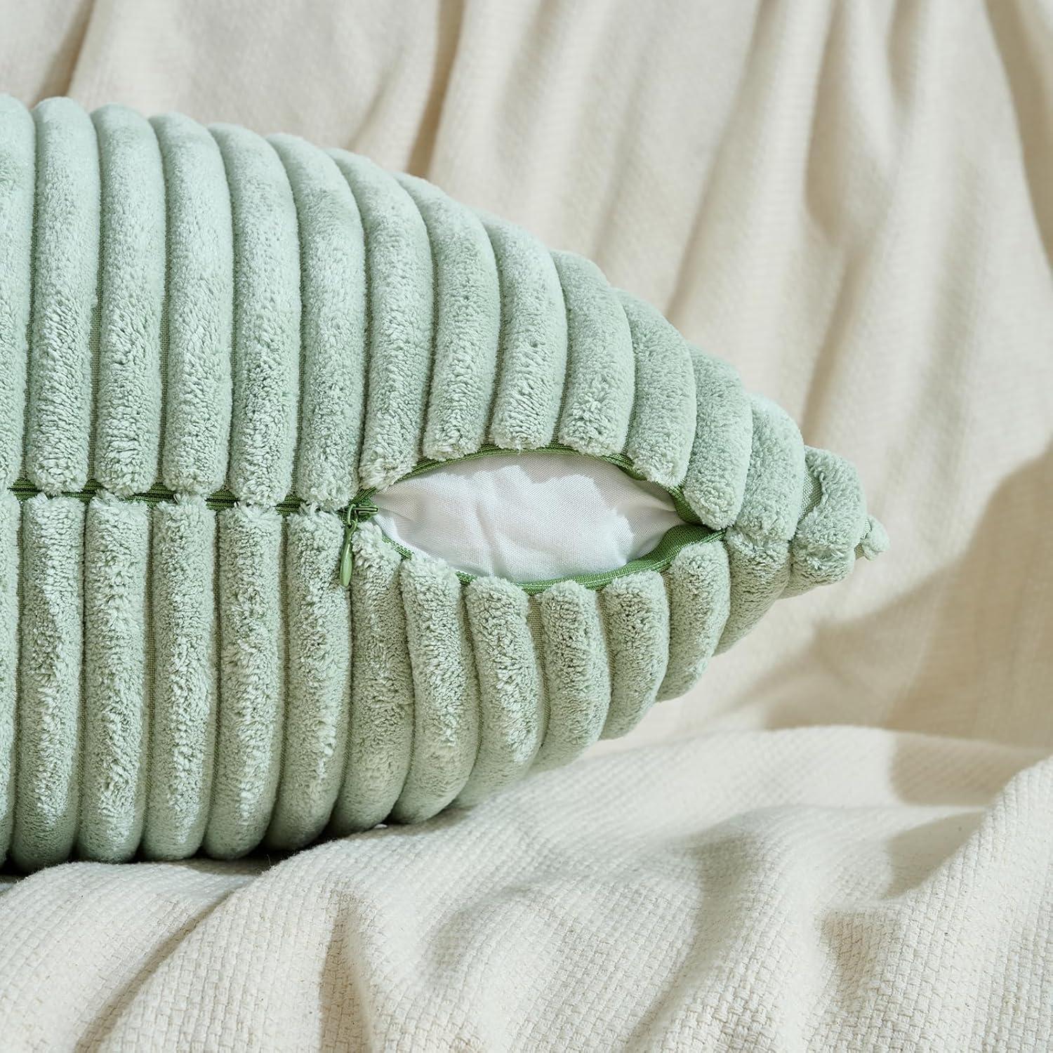 Boho Sage Green Striped Corduroy Pillow Covers - Set of 2 | Farmhouse Rectangle Cushion Cases for Sofa Couch Bed | Soft Decorative Throw Pillowcases - 12x20 Inch Home Decor