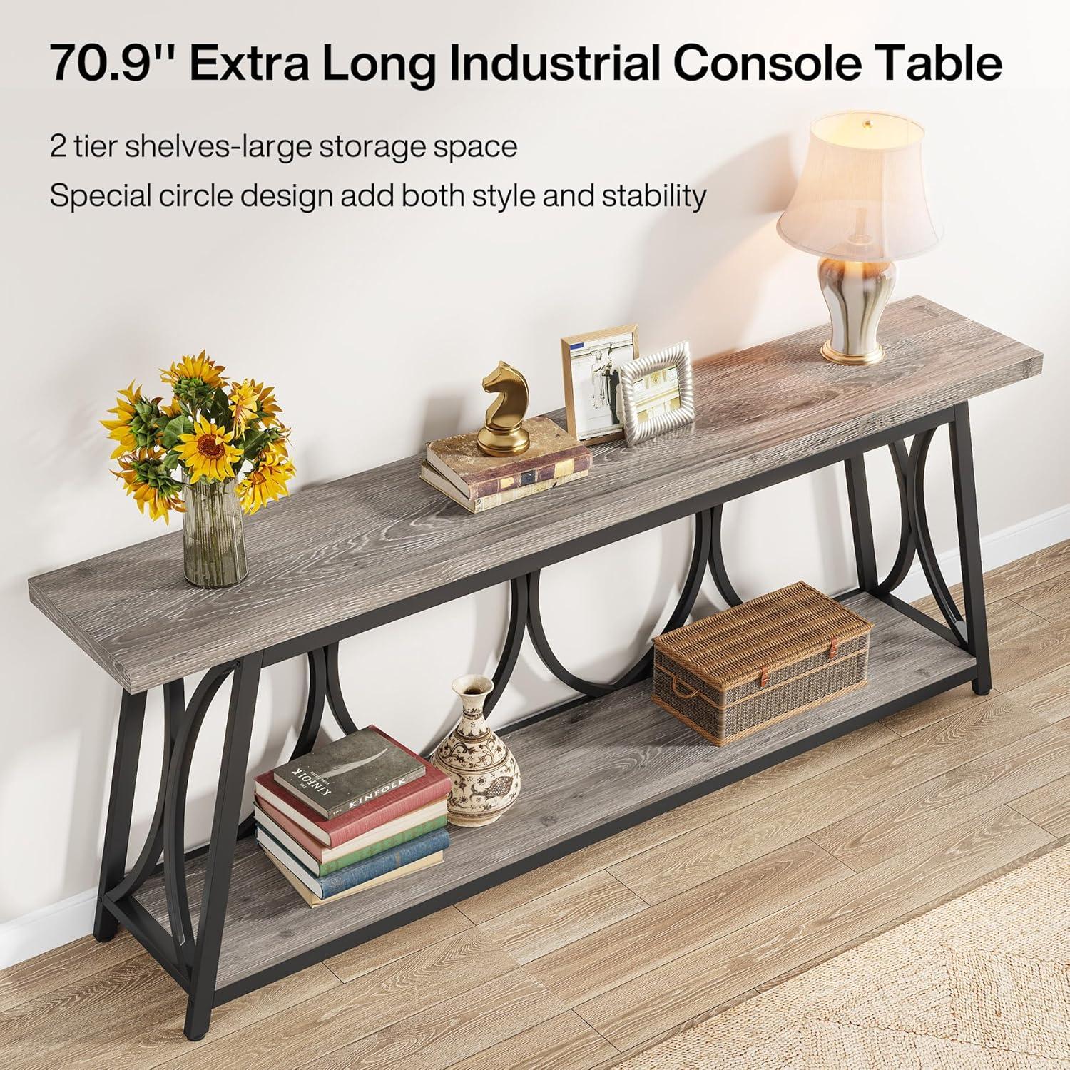 Tribesigns 70.9 inch Extra Long Console Table, Industrial Sofa Table Behind Couch with 2 Tier Storage Shelf, Narrow Entryway Hallway Accent Table for Living Room, Grey
