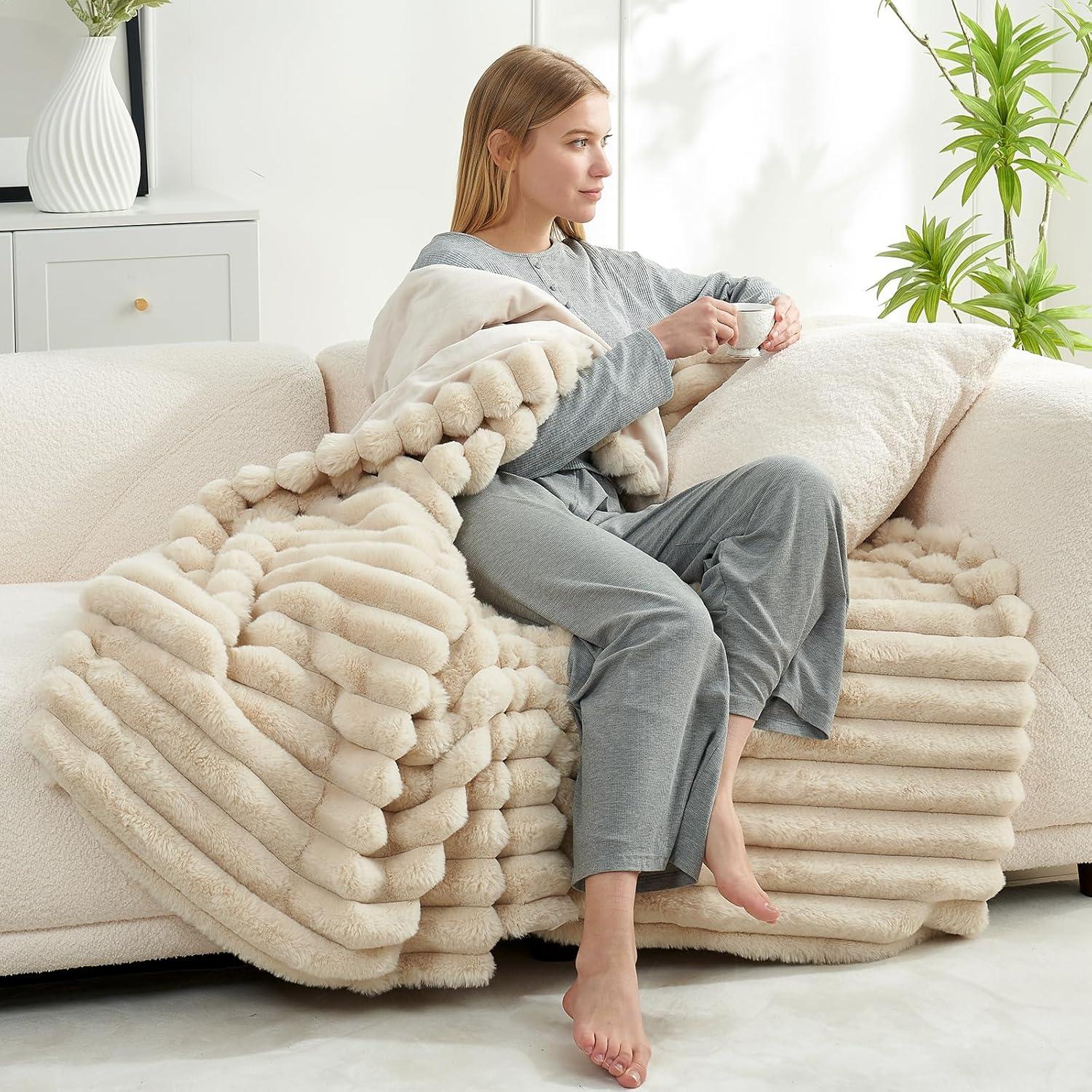 Beige Faux Fur Striped Throw Blanket for Couch 60x80