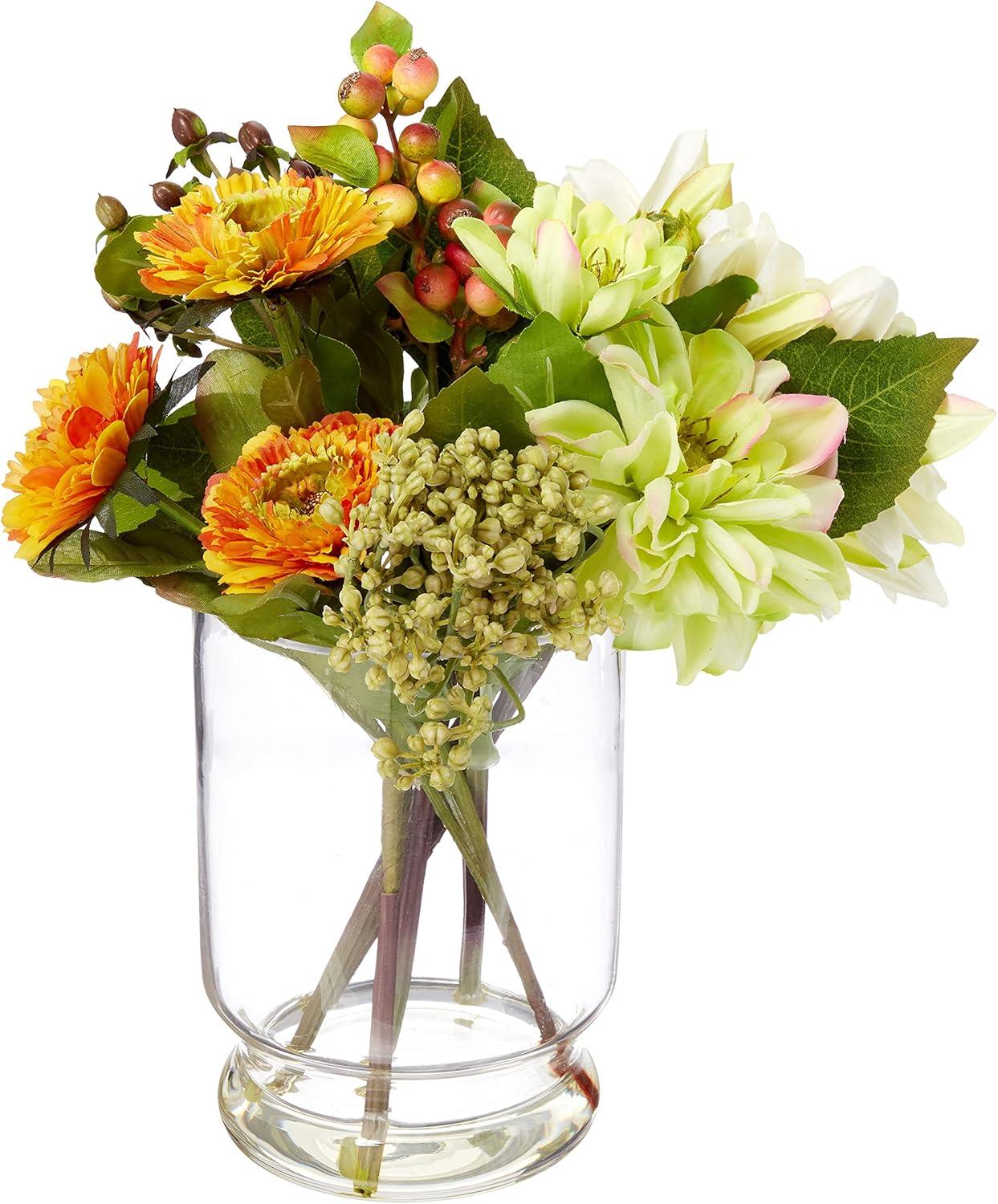 Nearly Natural 10.5-in Mixed Dahlia and Mum with Glass Vase