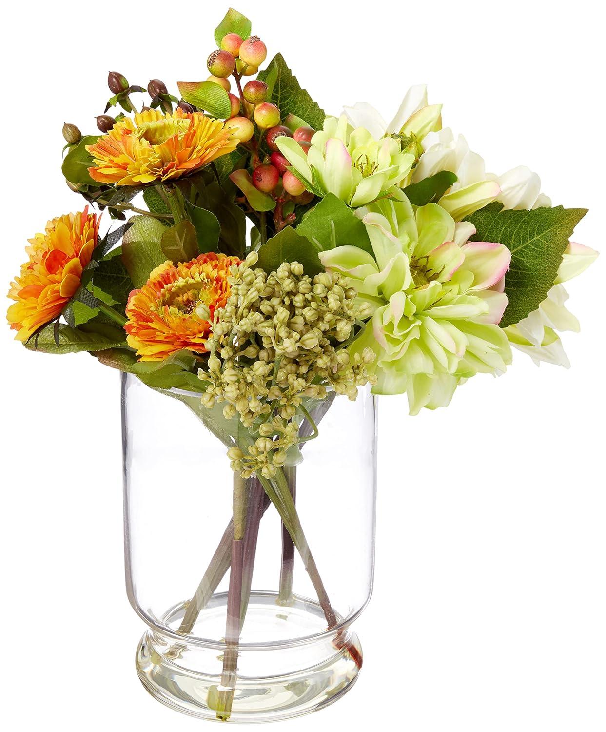 Nearly Natural 10.5-in Mixed Dahlia and Mum with Glass Vase