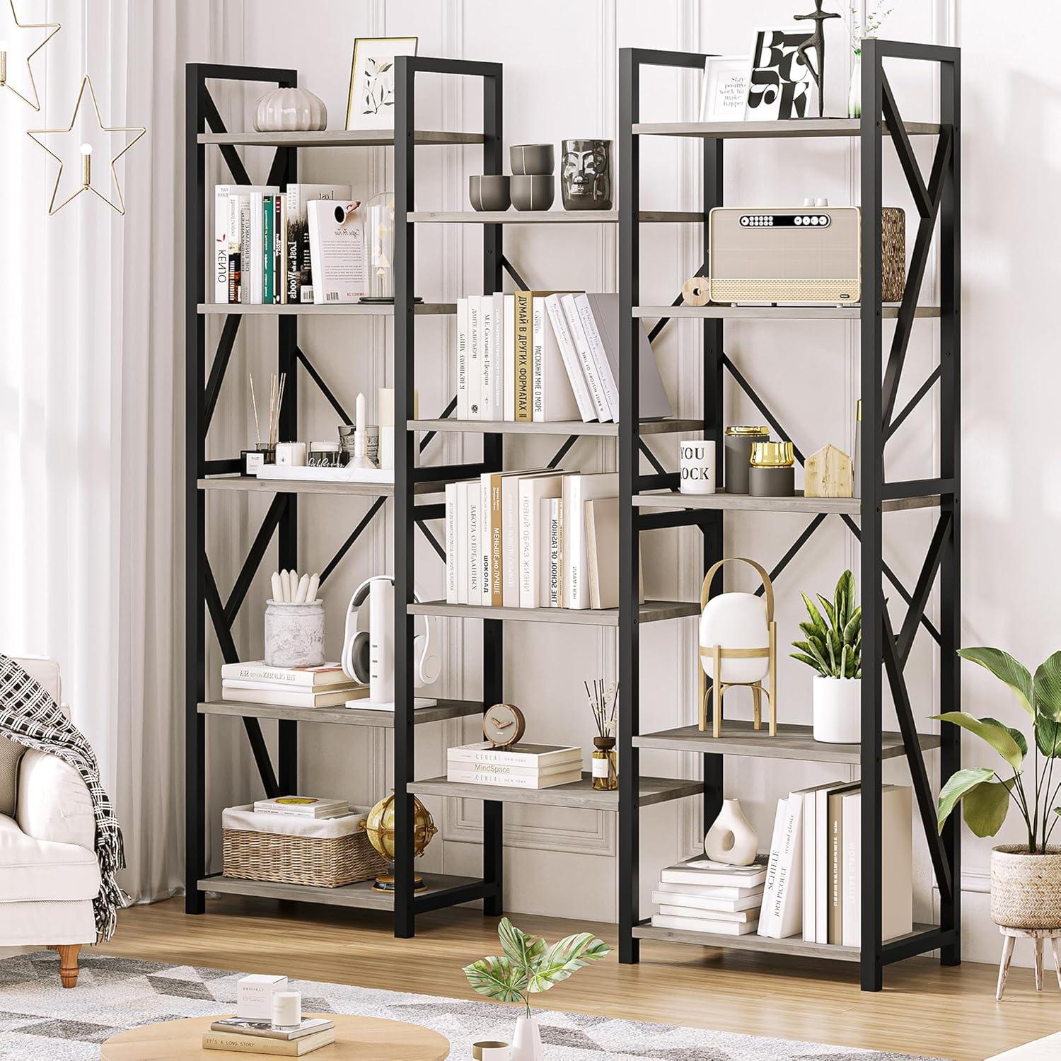 Jojoka Triple Wide 5 Tier Book Shelf, Tall Bookshelf with Open Display Shelves, Industrial Large Bookshelves and Bookcases with Metal Frame for Living Room, Bedroom, Home Office-Rustic Grey