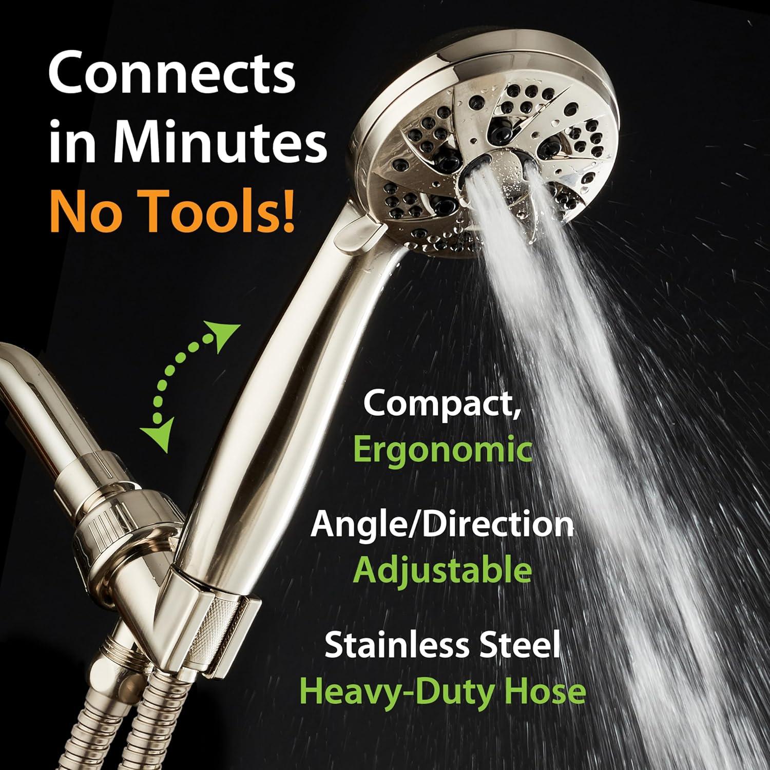 Brushed Nickel 6-Setting Handheld Shower Head with Stainless Steel Hose