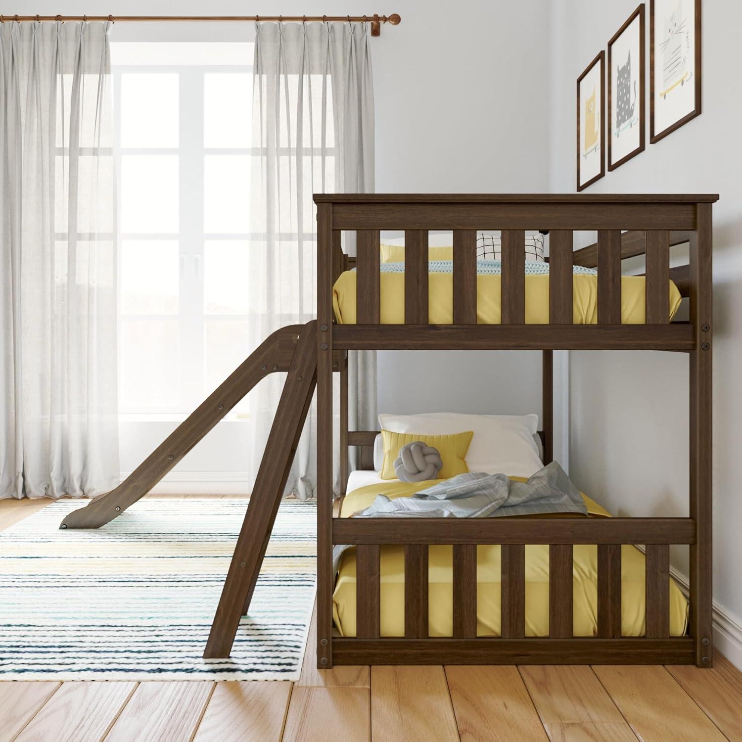 Max & Lily Twin Over Twin Low Bunk Bed with Slide, Solid Wood Kids Platform Bed with 14” Guardrails, Walnut