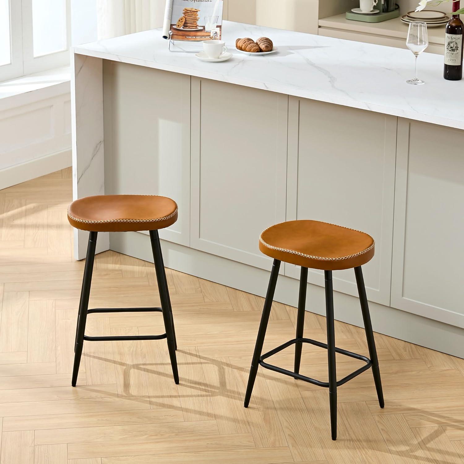 Adjustable Brown Faux Leather Saddle Bar Stools with Metal Legs