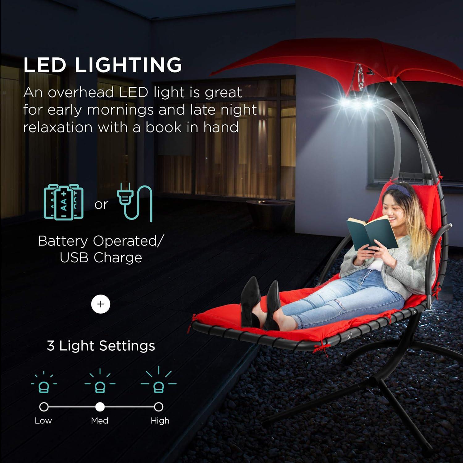 Best Choice Products Hanging LED-Lit Curved Chaise Lounge Chair for Backyard, Patio w/ Pillow, Canopy, Stand - Red