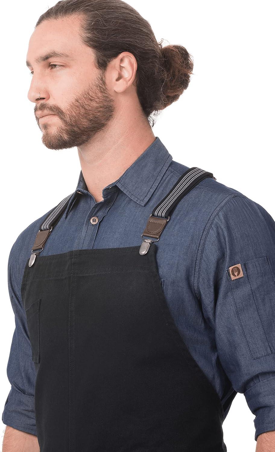 Men's Jet Black Cotton Chef Bib Apron with Suspenders