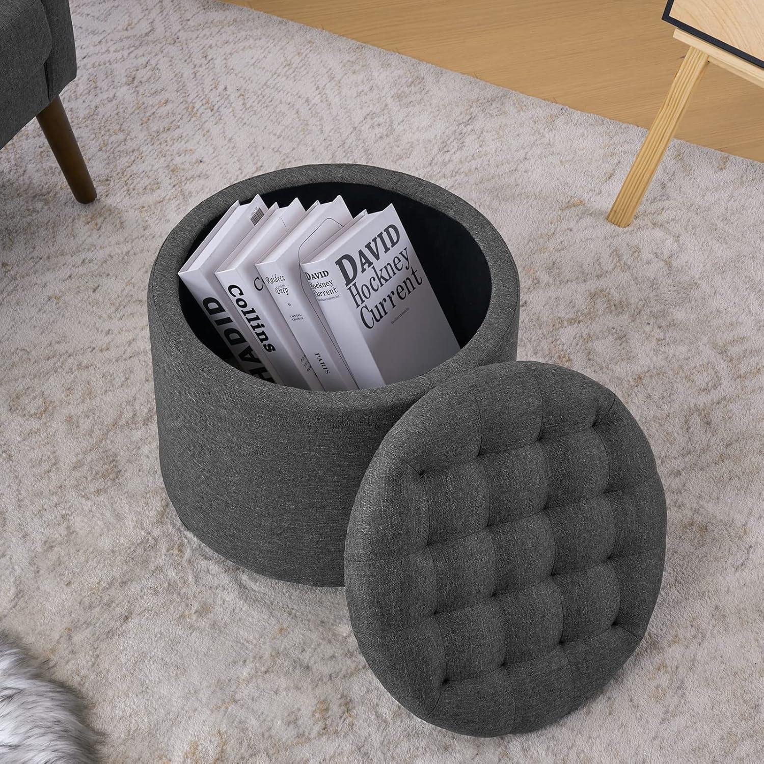 Furniliving Modern Upholstered Round Storage Ottoman Linen Footrest Stool Ottoman Bench, DarkGray