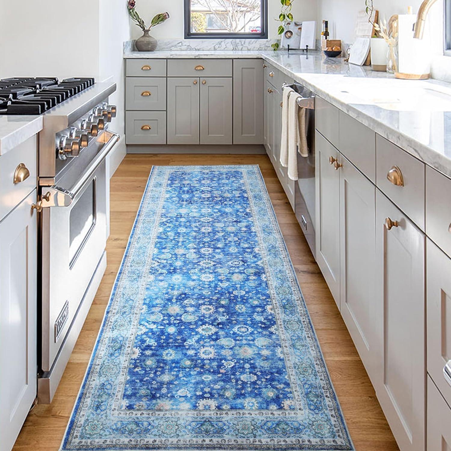 Hasoo 2' x 8' Kitchen Runner Rug Traditional Oriental Floral Print Rug Bedroom Kitchen Bathroom Laundry Rug, Blue