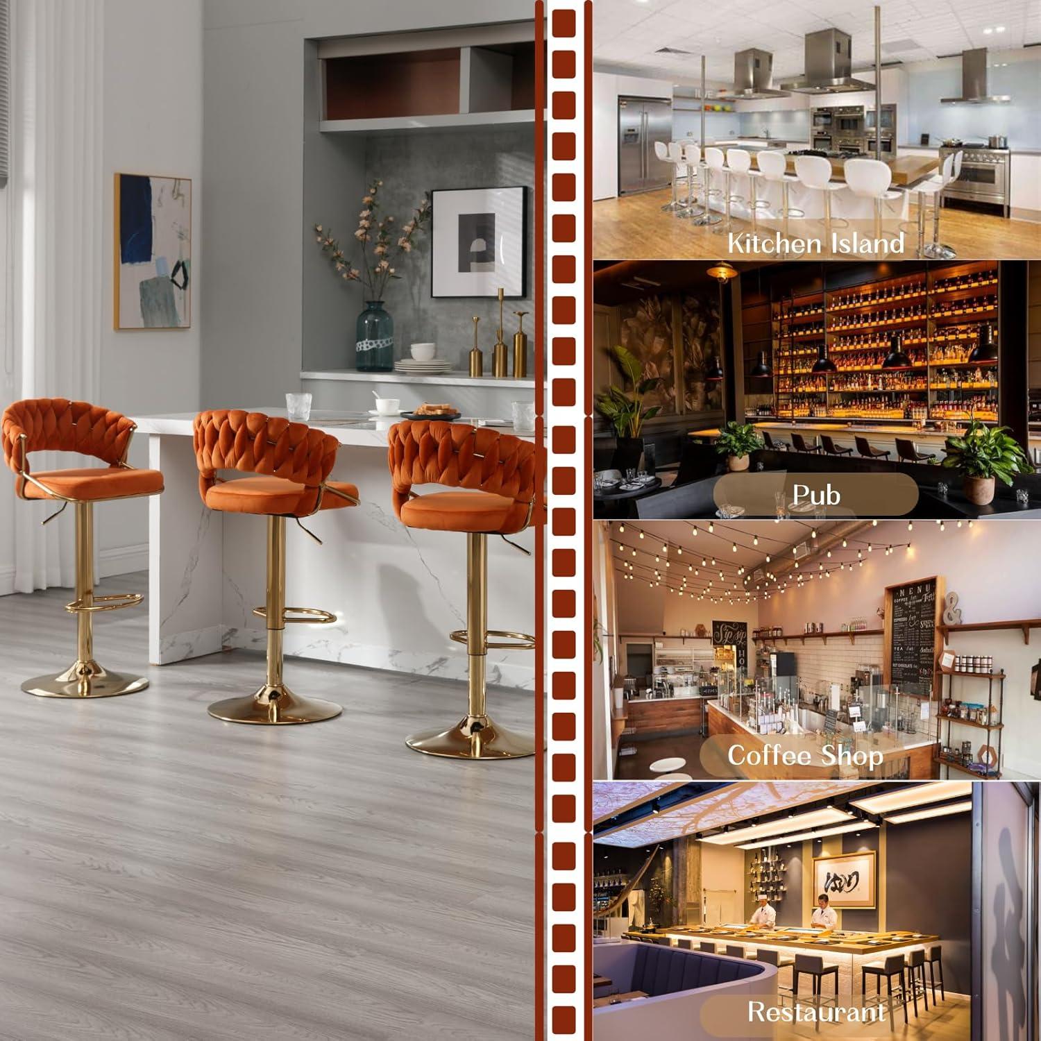 Modern Velvet Adjustable Swivel Bar Stools Set of 2 Orange