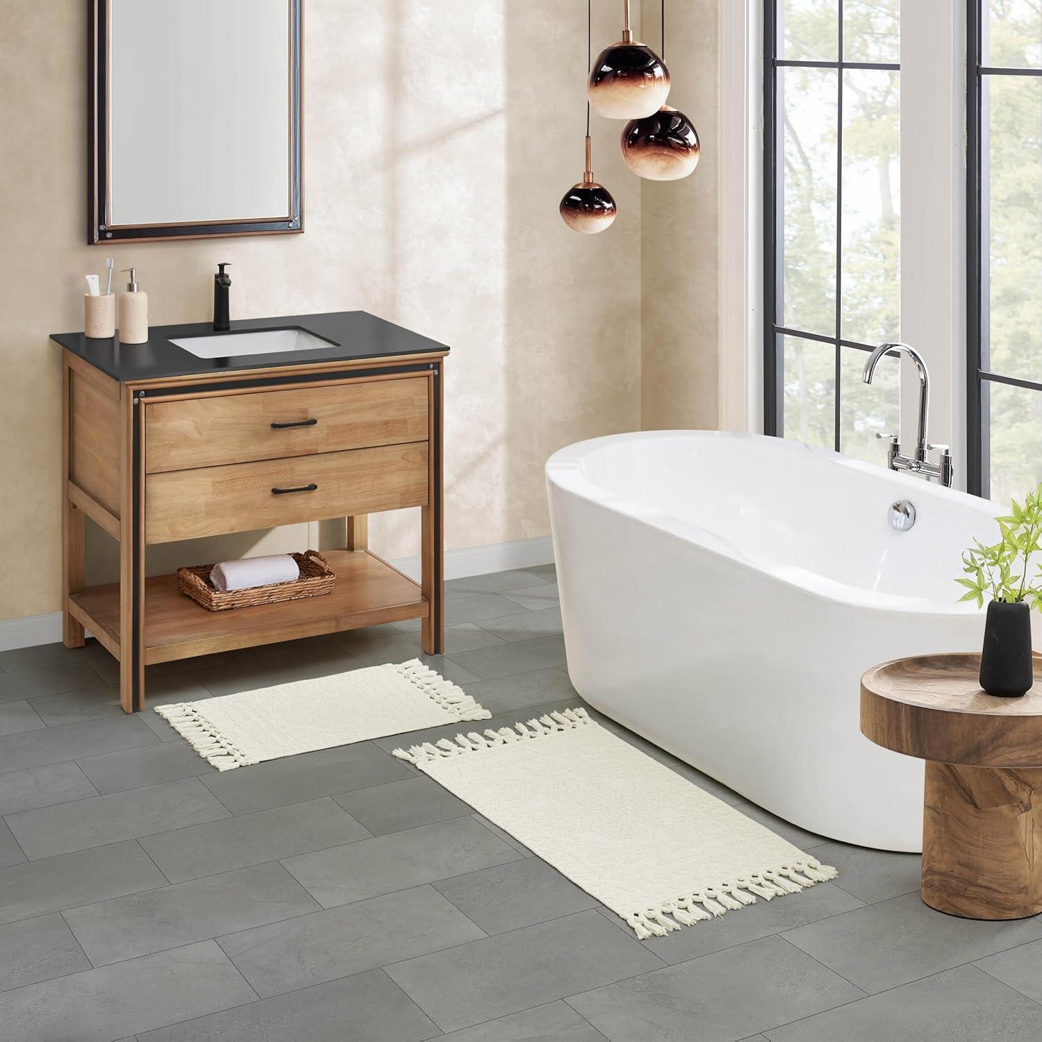 French Connection Nellore Bathroom Rugs, Set of 2 Woven and Beaded Bathroom Mats, Durable Bath Rugs, Thick Bath Mats for Bathroom and Shower Rugs, 17" x 28" and 20" x 38", Ivory