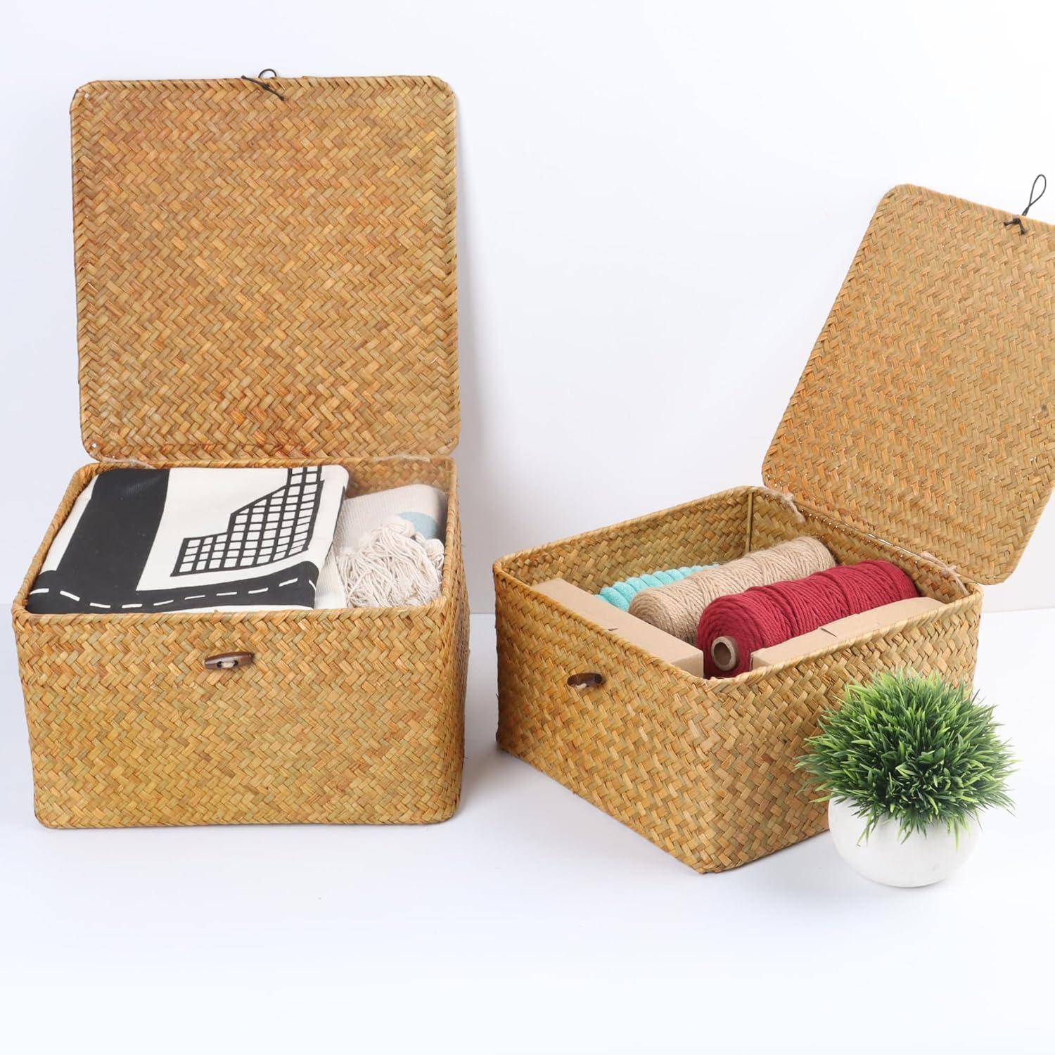 Wicker Shelf Baskets with Lid, Handwoven Seagrass Storage Basket Bins Square Gift Boxes for Shelves Home Decor Organizer (Natural, Set of 4)