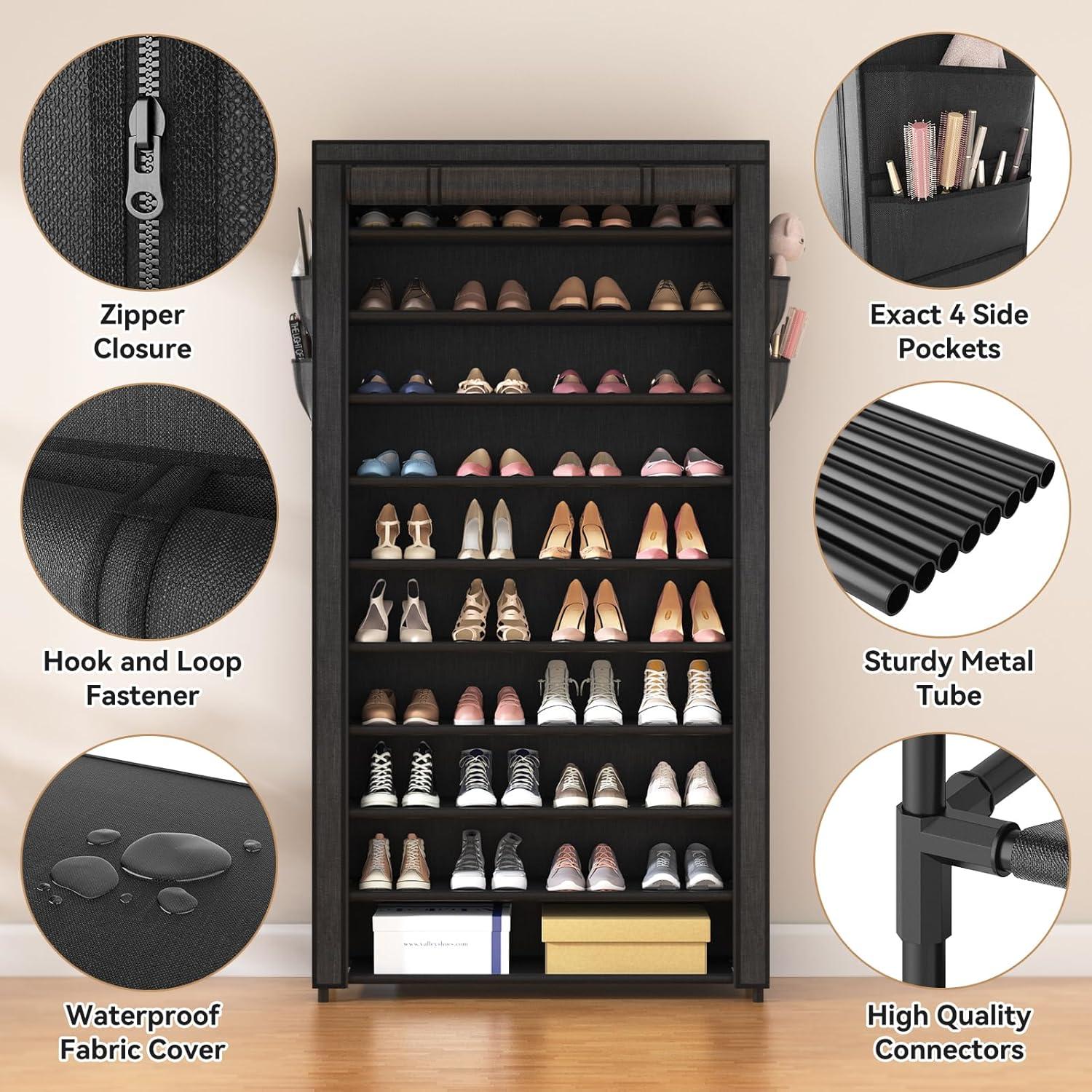 Tall Black Fabric and Metal 10-Tier Stackable Shoe Rack