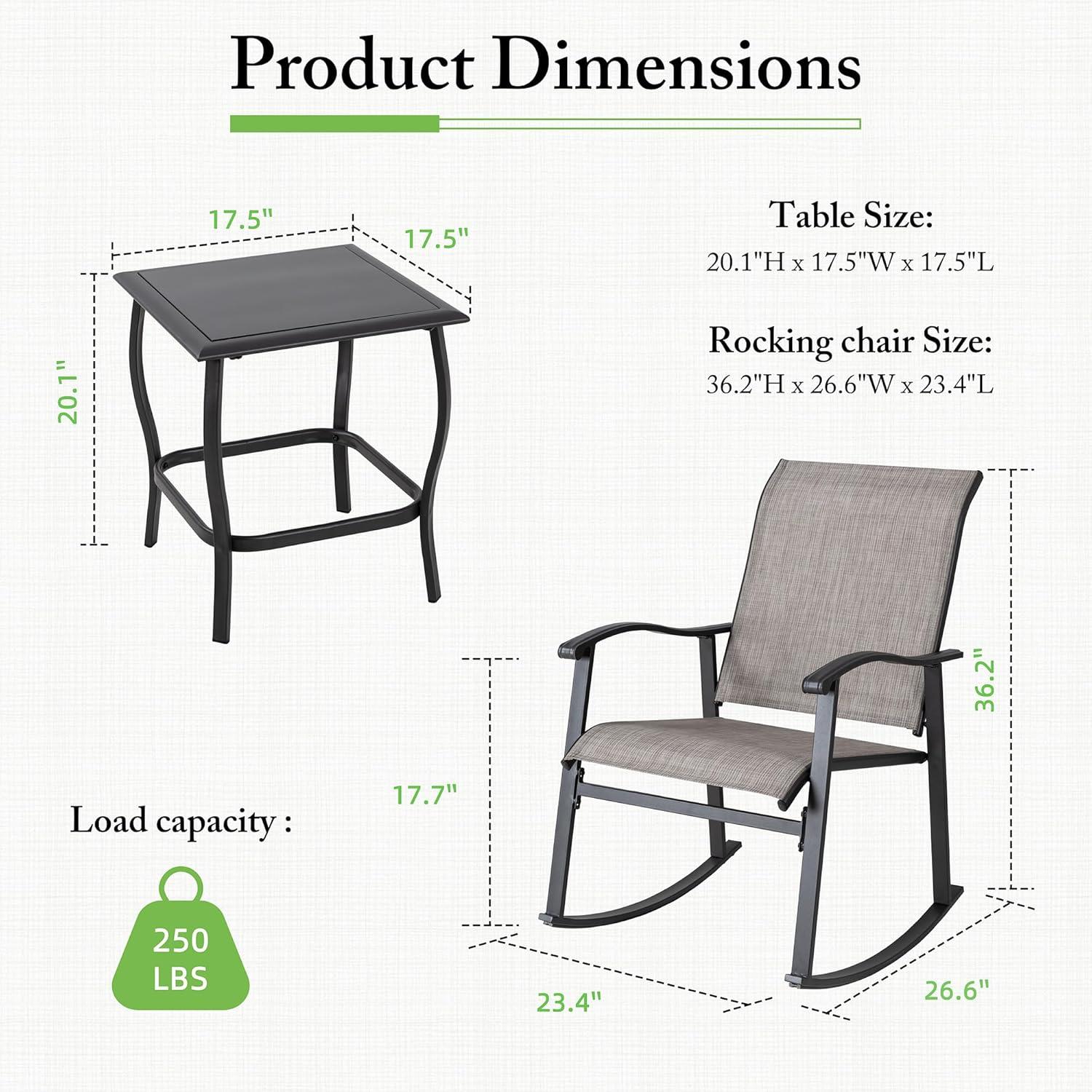 Sobaniilo 3 Piece Outdoor Rocking Bistro Set, Textilene Fabric Rocking Chair Set with Glass Table, for Lawn, Garden, Balcony, Poolside (Taupe)