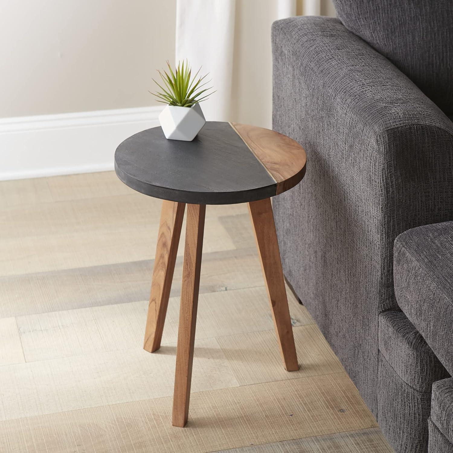 Caspian Round Brown Wood and Slate End Table