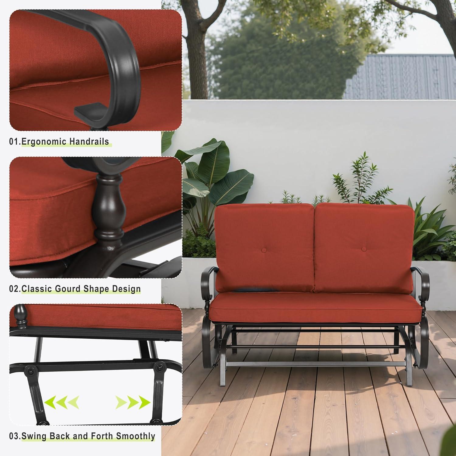 Outdoor Loveseat Patio Glider Rocking Bench 2 Seats Wrought Iron Chair Set with Red Cushion
