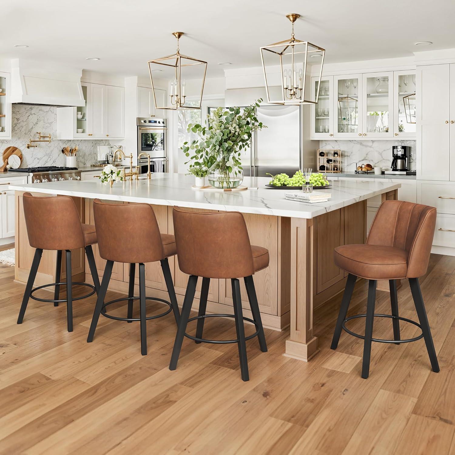 LUE BONA 360-degree Swivel Bar Stools Set of 3, 26" Counter Height Bar Stools with High Back and Wood Legs, Morden Faux Leather Upholstered Barstools for Kitchen Counter