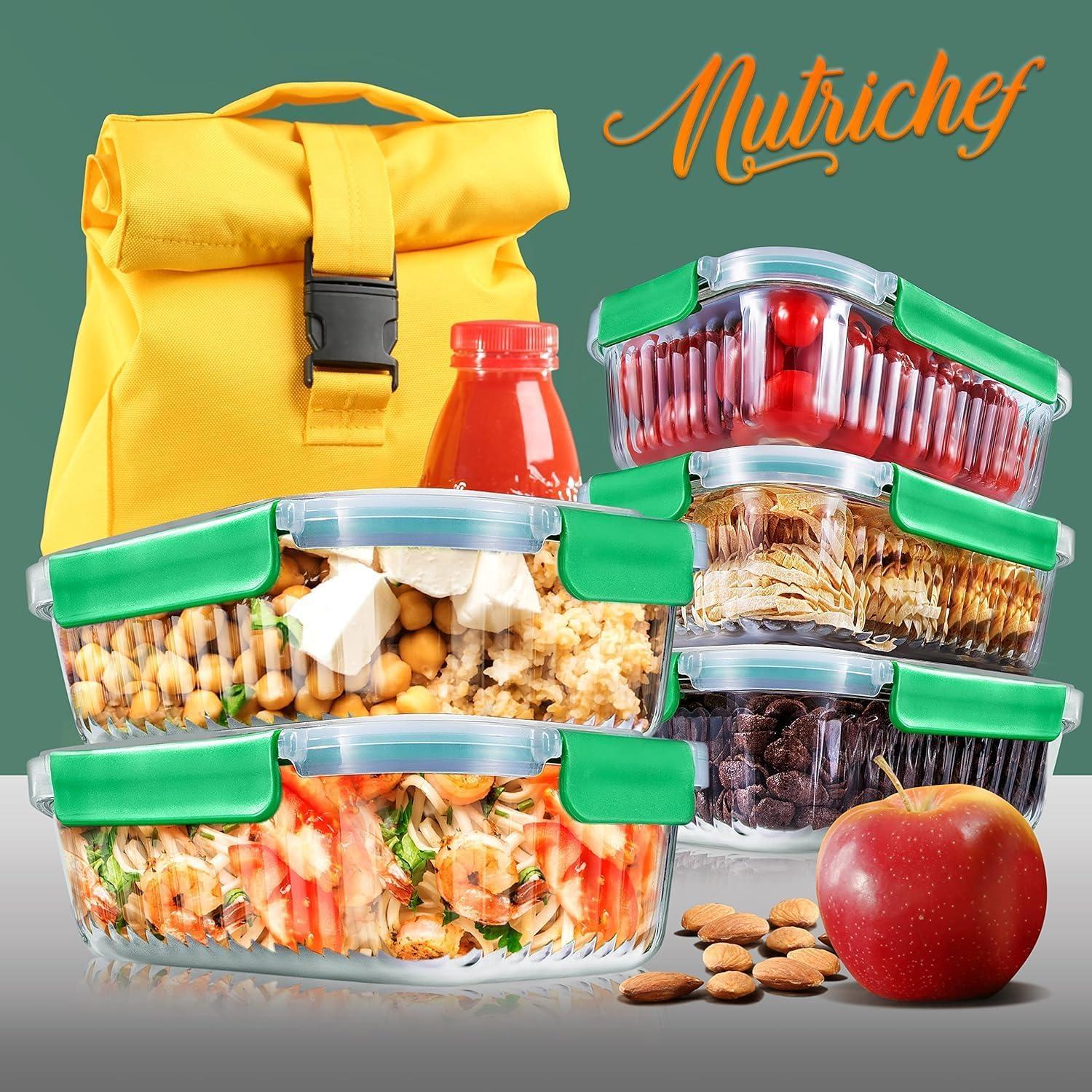 NutriChef 5-Piece Superior Glass Food Storage Containers Set - Stackable Design, Newly BPA-free Airtight Locking lids with Wave Design