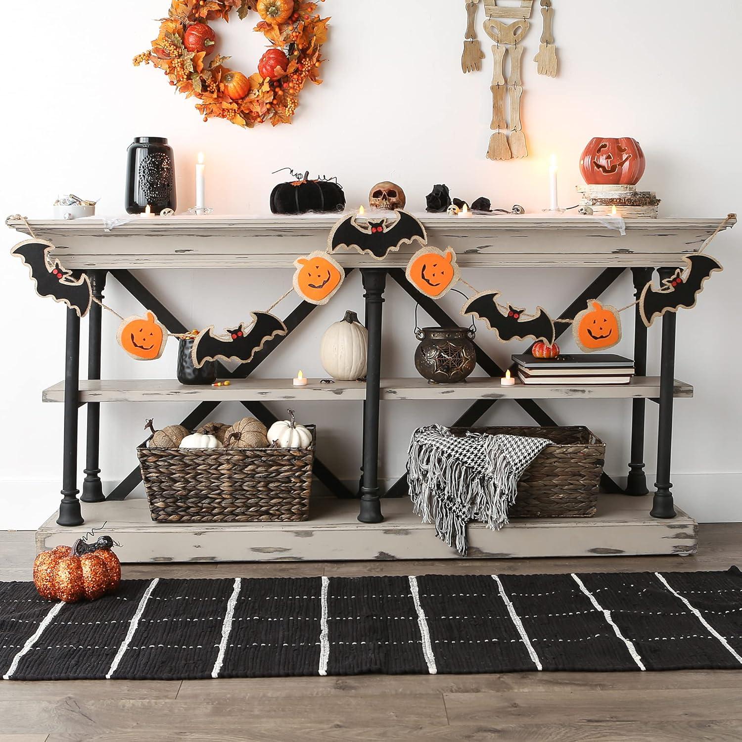 DII 4" Modern Fabric Halloween Bat Pumpkin Garland in Black/Orange