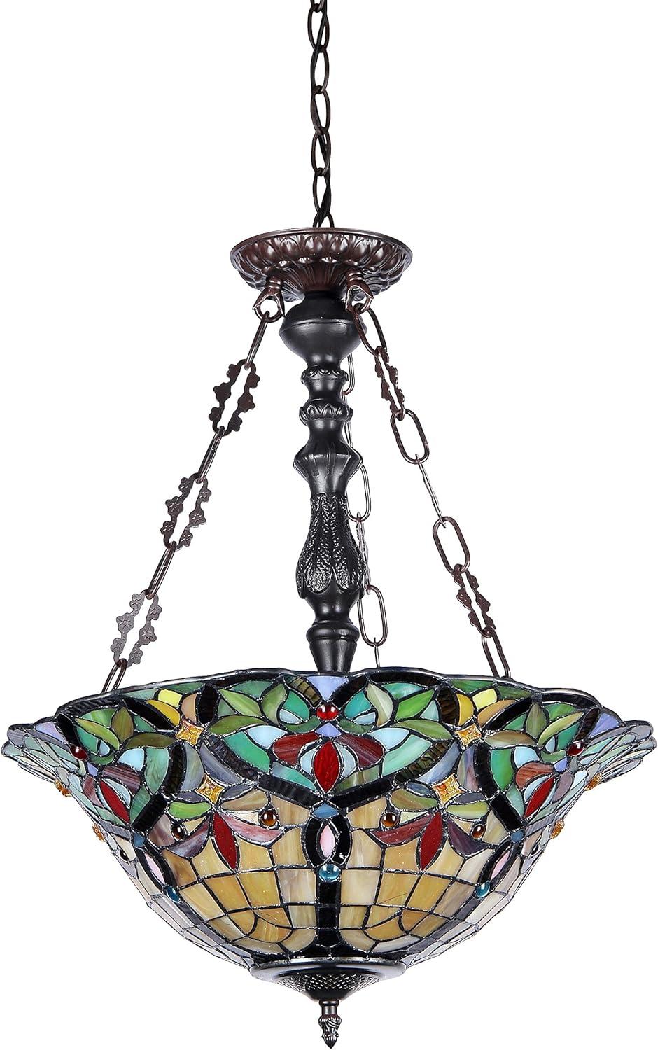 BERTRAM Tiffany-style 3 Light Victorian Inverted Ceiling Pendant 18" Shade