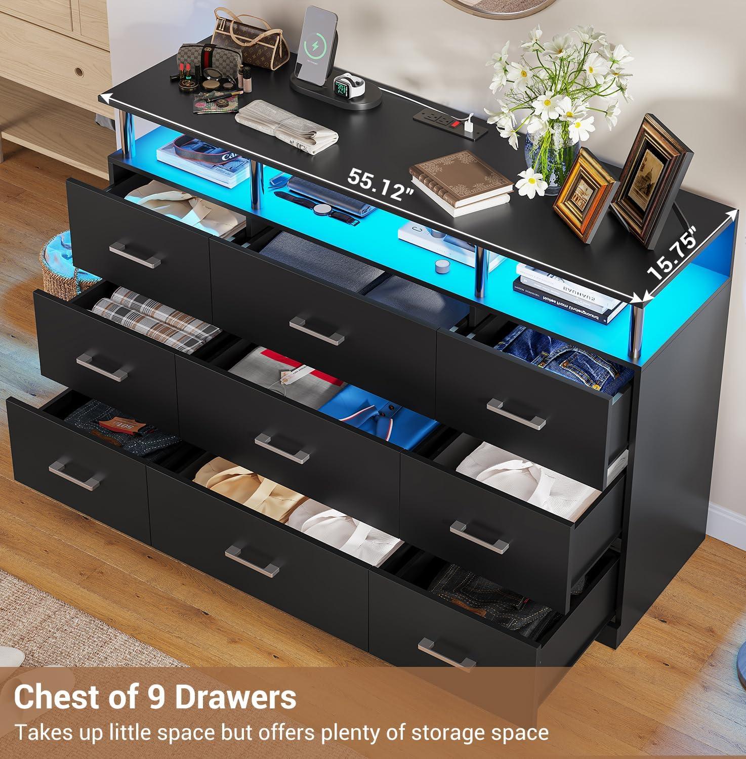 Modern Black 9-Drawer Dresser with LED and Charging Station