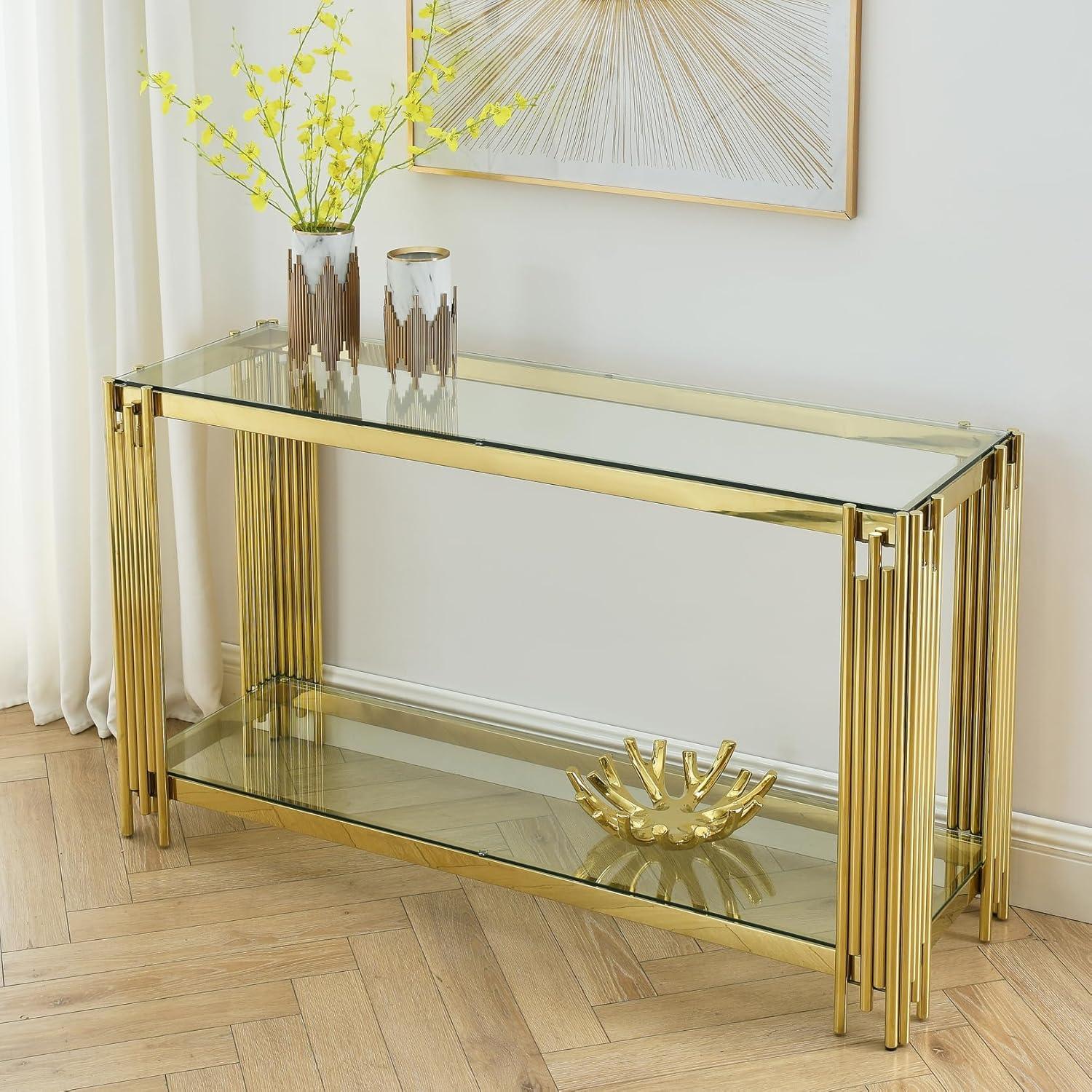 Modern Glass Console Table, 55" Gold Sofa Table with Sturdy Metal Frame and Clear Tempered Glass Top, for Living Room Entryway Bedroom, Gold Finish 00009