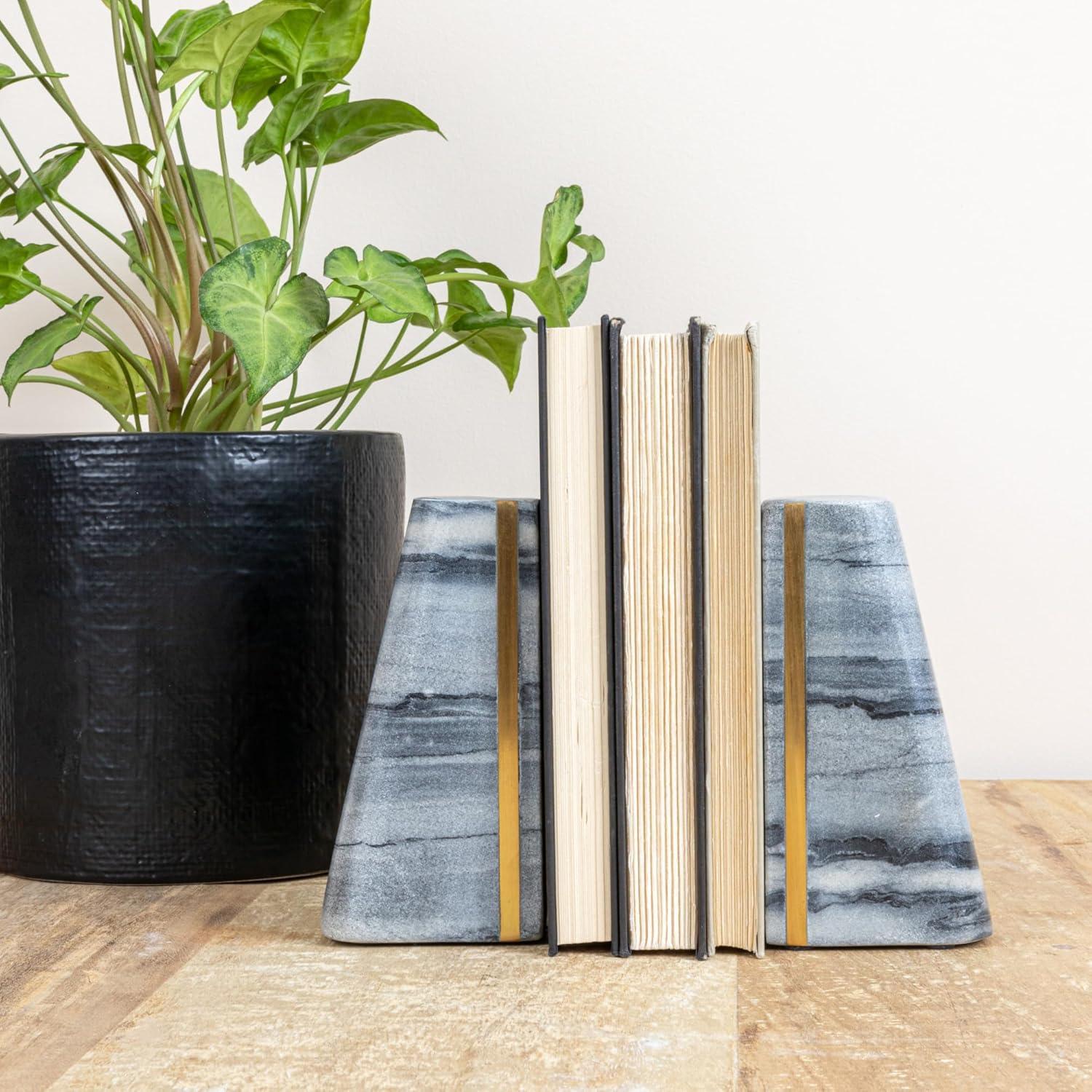 Main + Mesa Modern Marble Bookends with Brass Detail, Set of 2, Grey