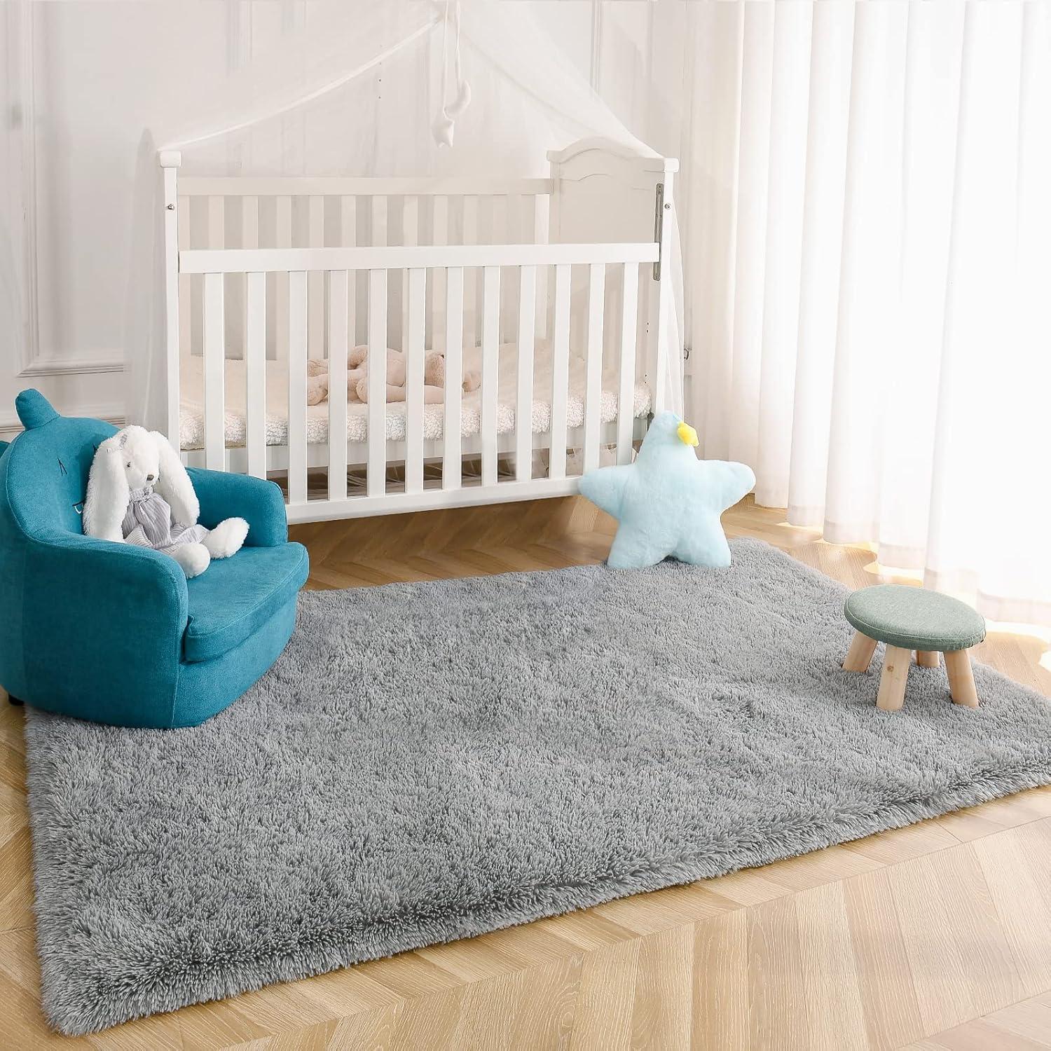 Kimicole Grey Area Rugs for Bedroom Living Room, 4x5.9 Soft Fluffy Shaggy Rug, Non-Slip Fuzzy Furry Rugs for Nursery Kids Room Dorm Room Home Decor, High Pile Indoor Plush Floor Carpet