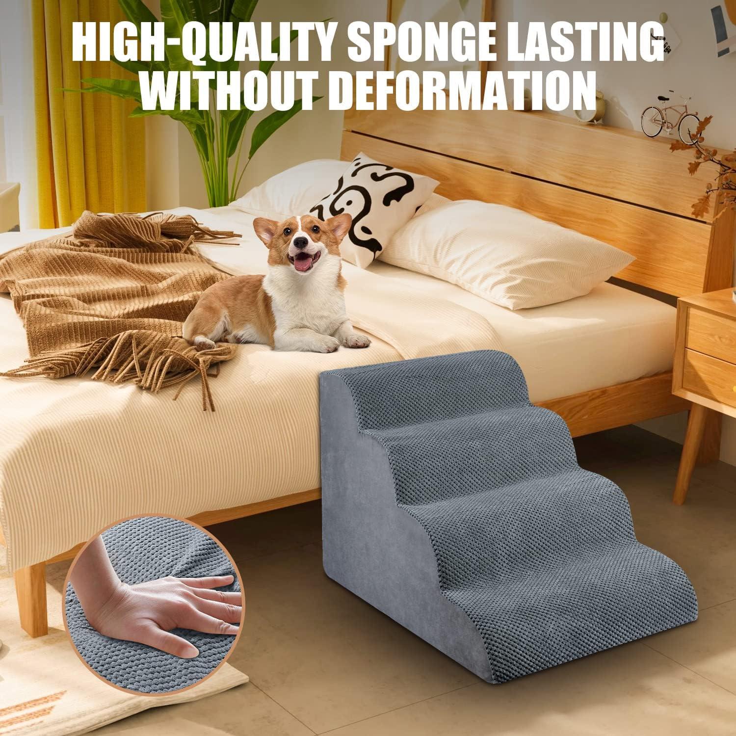 4 Steps Dog Stairs For Small Dogs, 18.5 Inch High, 30D Foam Dog Dtairs And Steps, Curved Steps