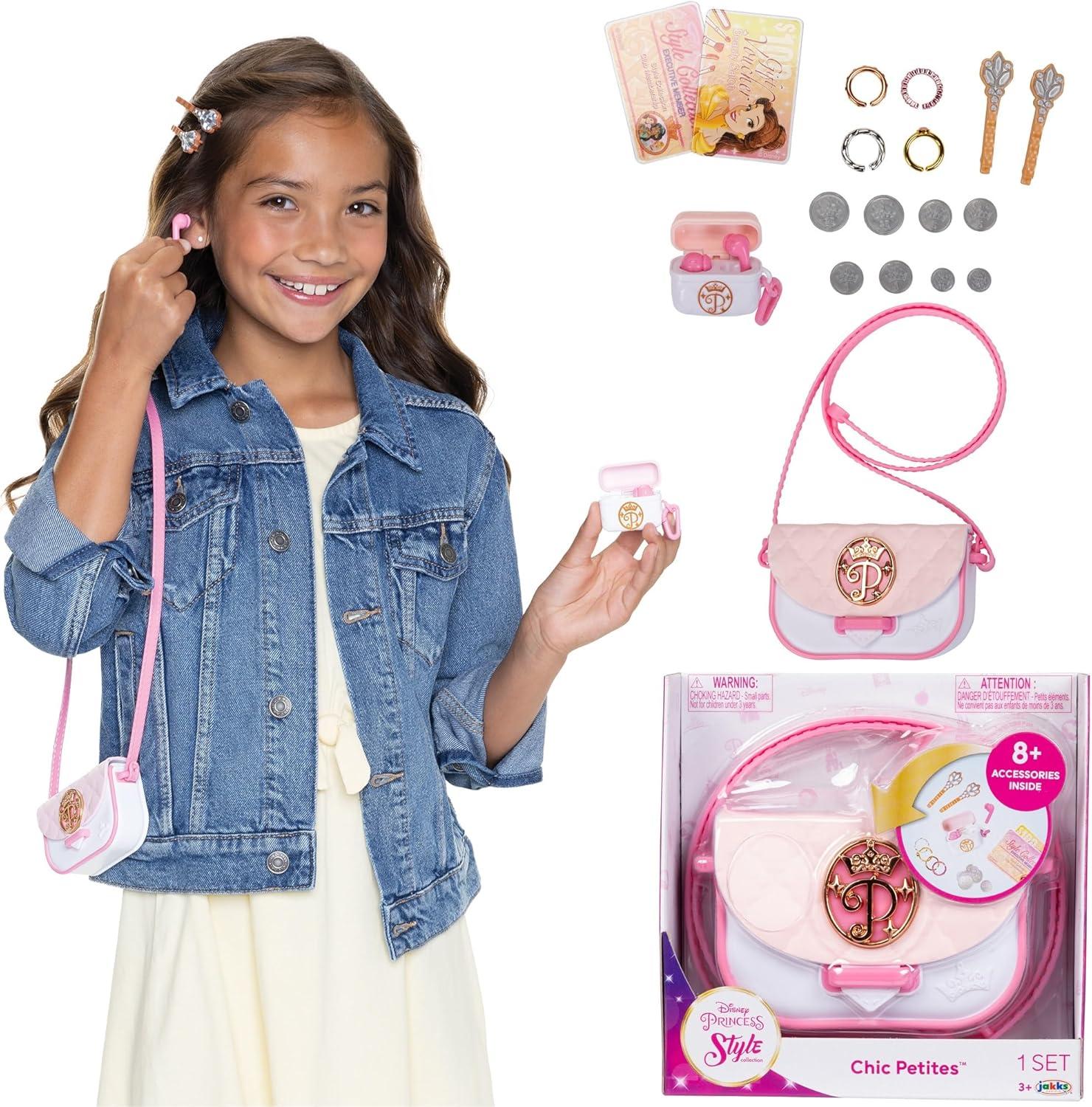 Disney Princess Style Collection Girls Purse Pretend Play Chic Petite Bag A - Mini Soft Vinyl Handbag for Girls with 5+ Accessories for Girls Ages 3 and Up