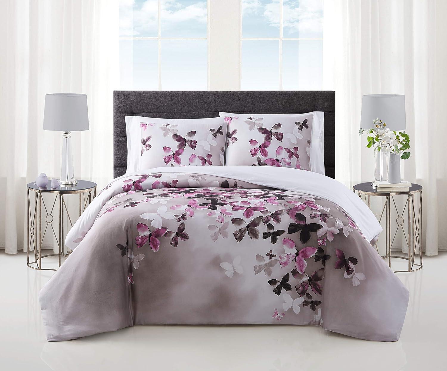 White and Purple Butterfly Cotton Twin Comforter Set