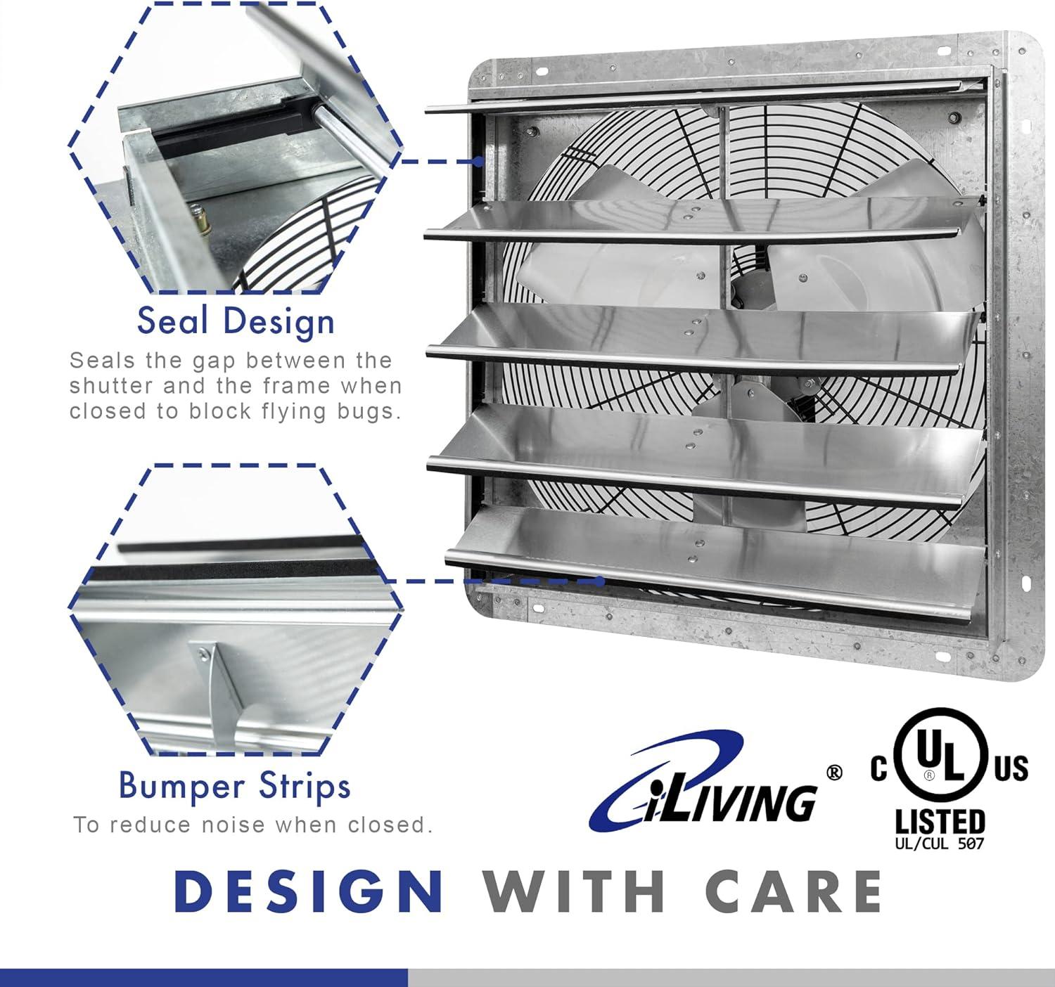 iLIVING ILG8SF20V-ST 20" Wall Mounted Shutter Exhaust Fan, Automatic Shutter, with Thermostat and Variable Speed controller, 2.2A, 3368 CFM, 5000 SQF Coverage Area Silver