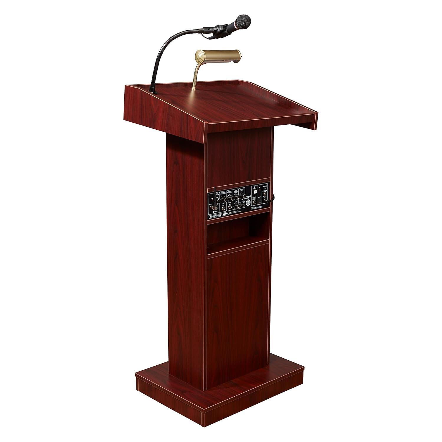 Mahogany and Black Multimedia Workstation Lectern with Brass Lamp