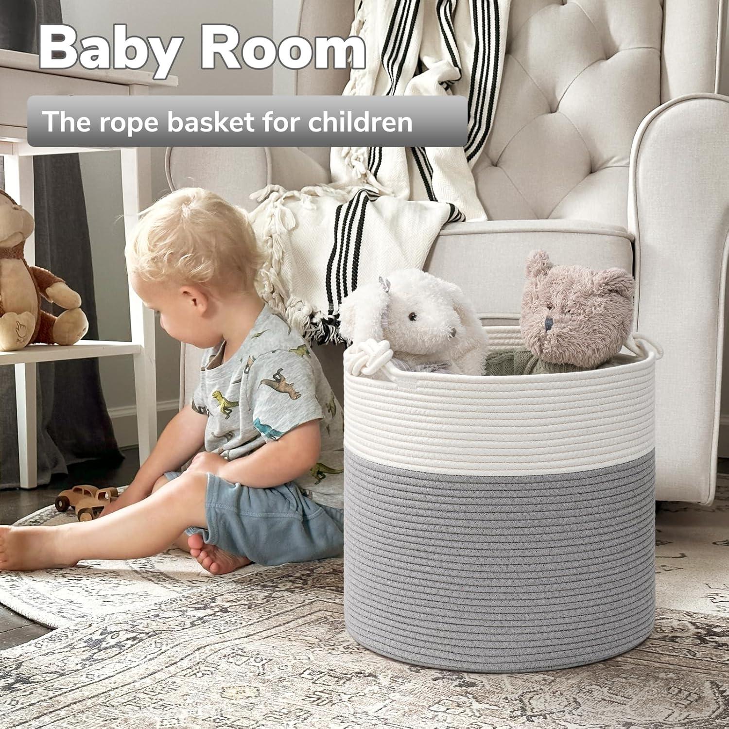 Goodpick Cotton Rope Basket with Handle for Baby Laundry Basket Toy Storage Blanket Storage Nursery Basket Soft Storage Bins-Woven Basket, 15'' 15'' 14.2'' Grey Grey 15 14.2 inches