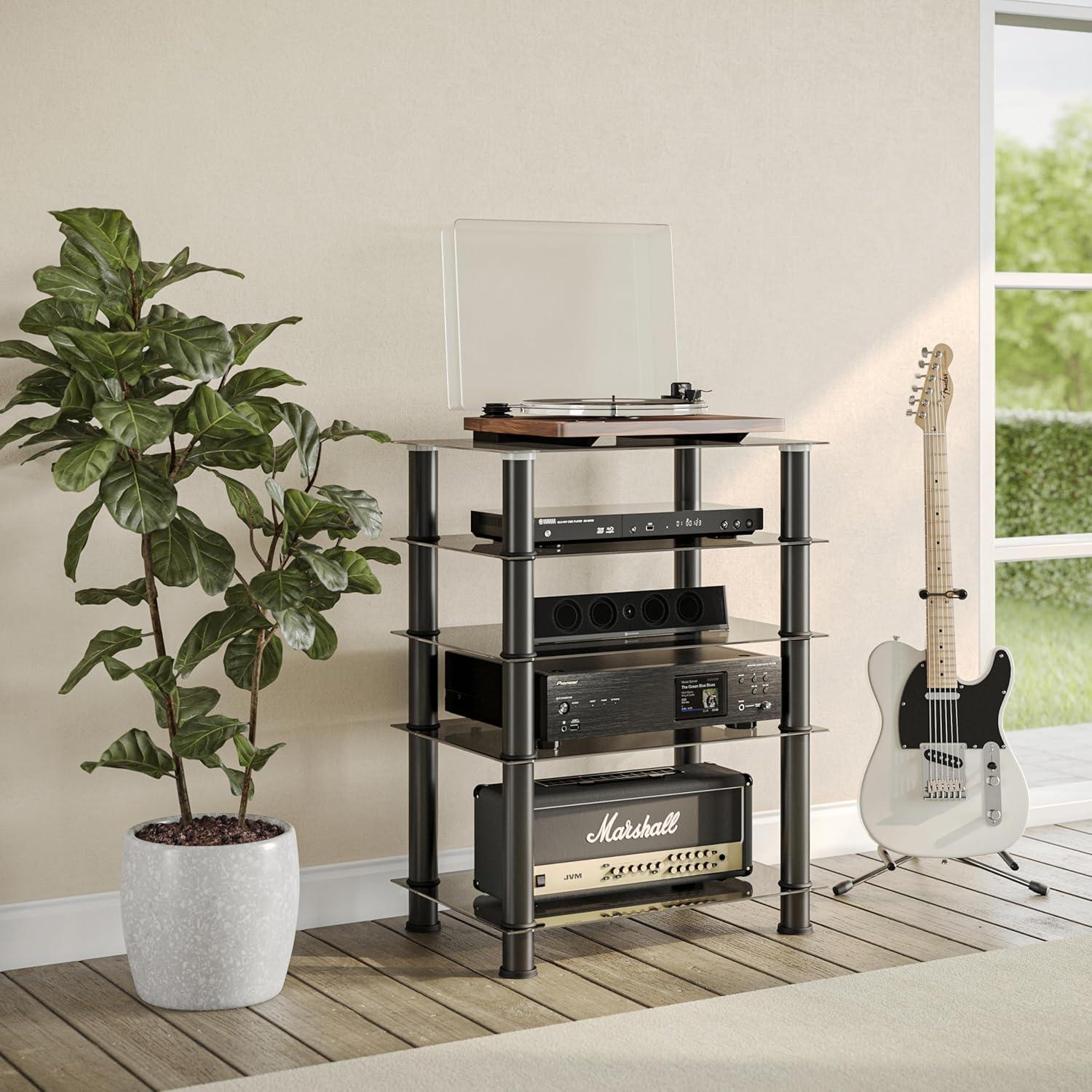 CorLiving Laurent Black Tempered Glass and Metal Customizable 5-Tier Media Component Stand