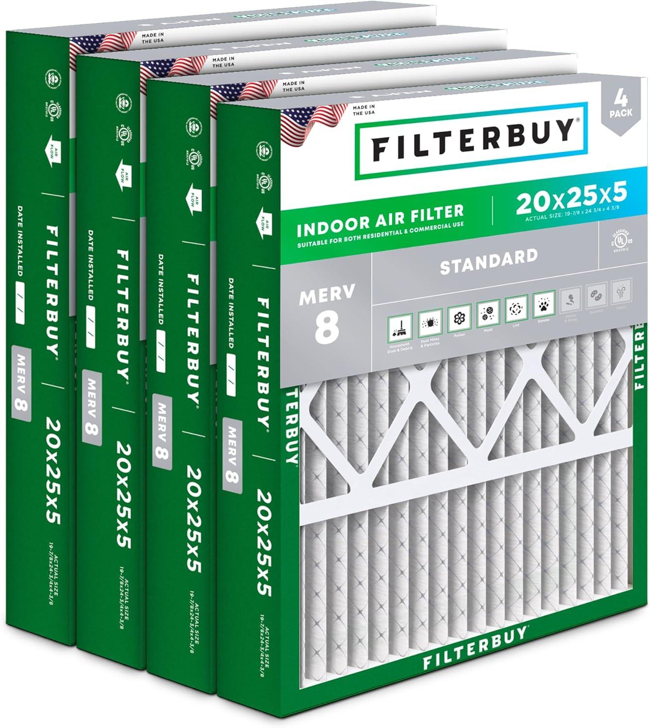 Filterbuy 20x25x5 Air Filter MERV 8, Pleated HVAC AC Furnace Filters Replacement for Honeywell