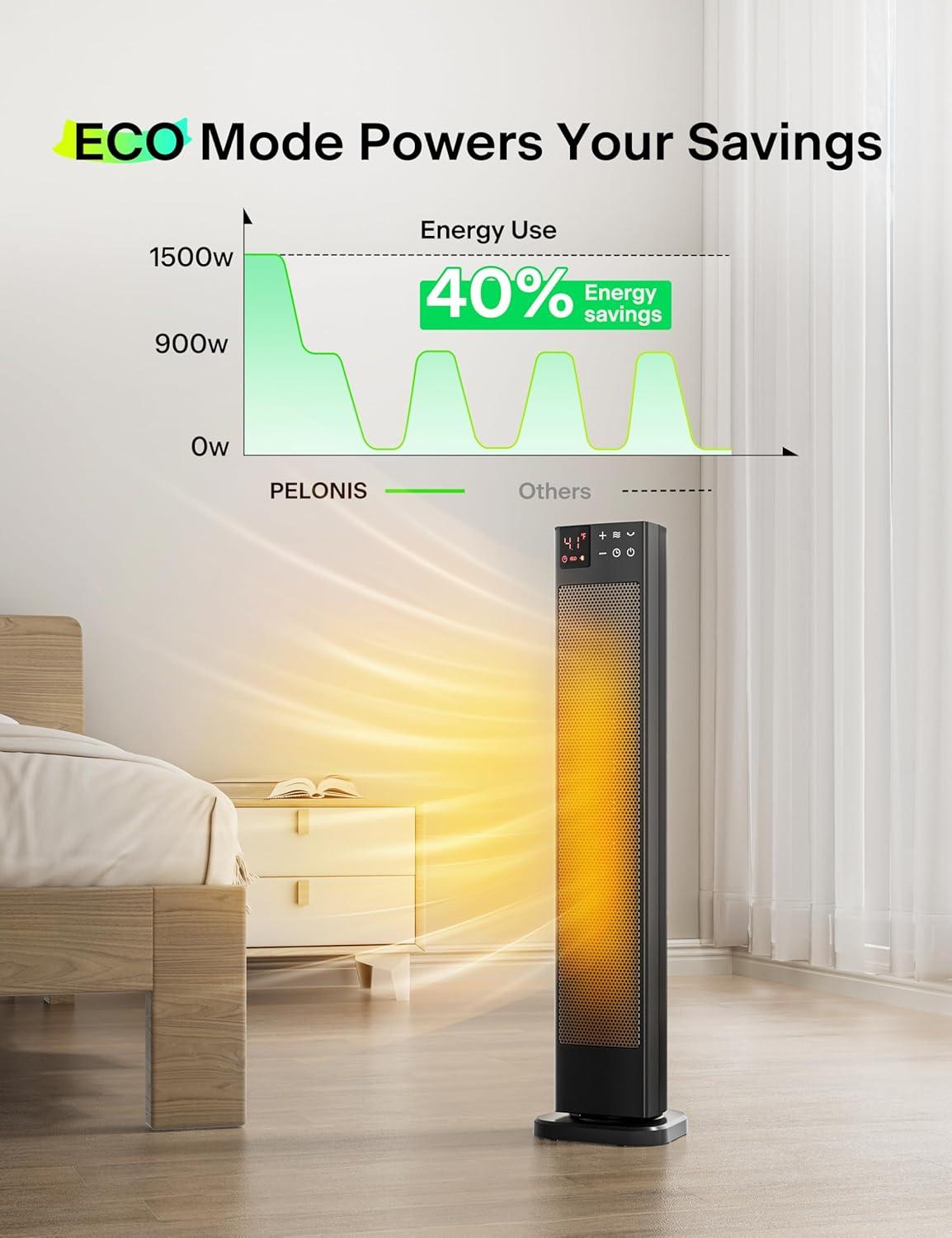 PELONIS 30 inch Ceramic Tower Heater, 1500W, Oscillation, Remote, 12H Timer, PHF15RSAPH30, Black