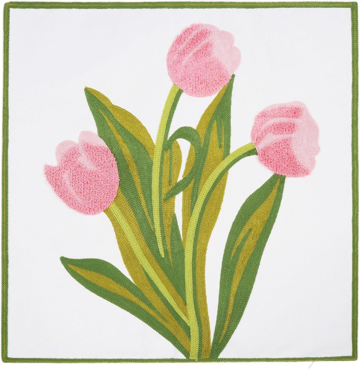 Embroidery Throw Pillow Cover 18x18 Home Decor Tulip Flower Loop Embroidered Floor Pillow Cover for Couch 100% Cotton Canvas Pillow Case Floral Cushion Cover 45x45cm, Pink Tulip, 1 Piece